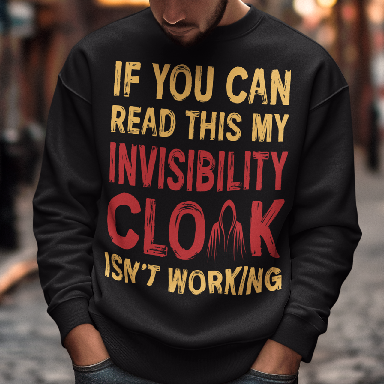Turn heads and raise a few laughs with this clever and quirky sweatshirt! Featuring the bold text “IF YOU CAN READ THIS MY INVISIBILITY CLOAK ISN'T WORKING”, this shirt is perfect for wizards, pranksters, and introverts alike. Whether you're a fan of fantasy, sarcasm, or just enjoy flying under the radar, this shirt delivers a magical dose of humor.