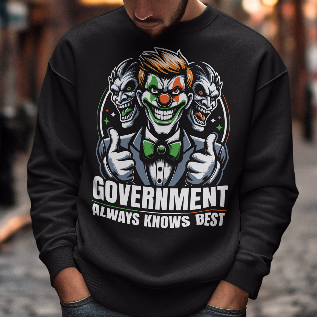 Introducing our Government Clown Sweatshirt, a satirical statement piece that's sure to turn heads and spark conversations. Featuring a whimsical depiction of a clown with bureaucratic attire and a comically oversized tie, this design captures the essence of government inefficiency with a touch of humor.