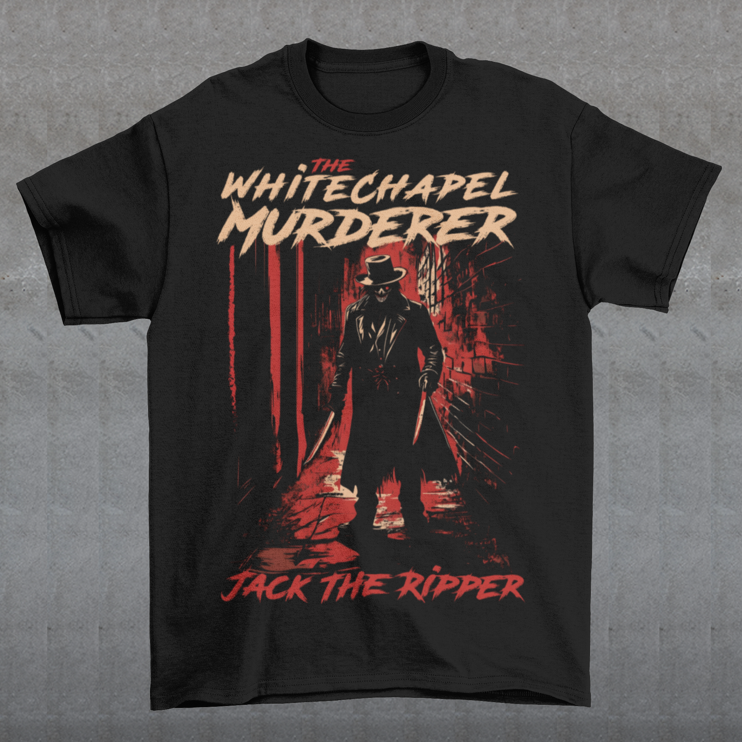 This striking design features Jack the Ripper standing ominously in a dark, fog-filled Victorian alley of Whitechapel. The figure is shadowed, cloaked in a long black coat and a top hat, with his face partially obscured, adding to the eerie mystery. The dim gas lamps cast a faint glow, highlighting the cobblestone street and the mist swirling around his feet. Above the artwork, bold, distressed text reads "THE WHITECHAPEL MURDERER", evoking the fear and infamy of the Ripper's legend.