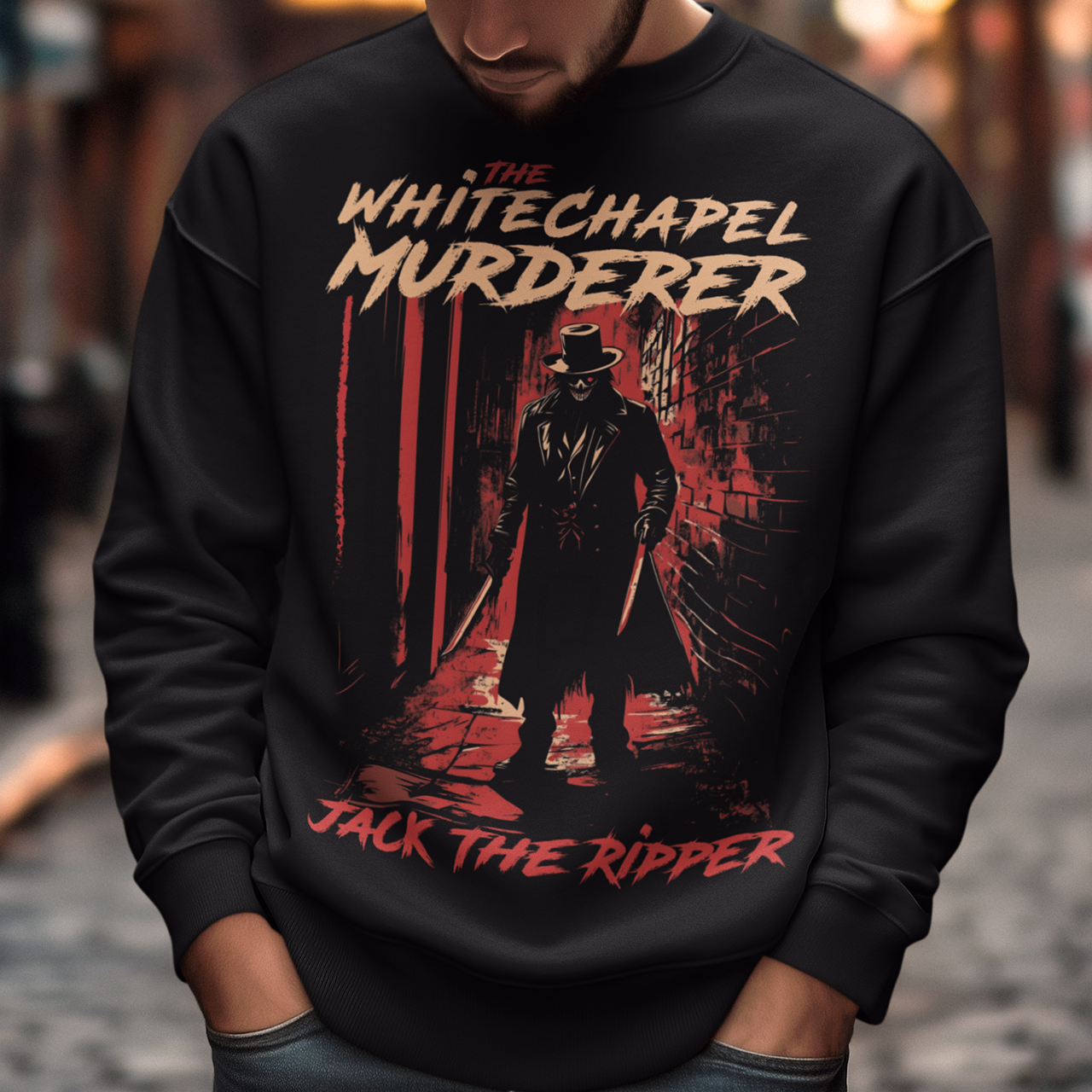 Black sweatshirt of Jack the ripper standing in an old Victorian alley with text above "THE WHITECHAPEL MURDERER" and text below "JACK THE RIPPER".