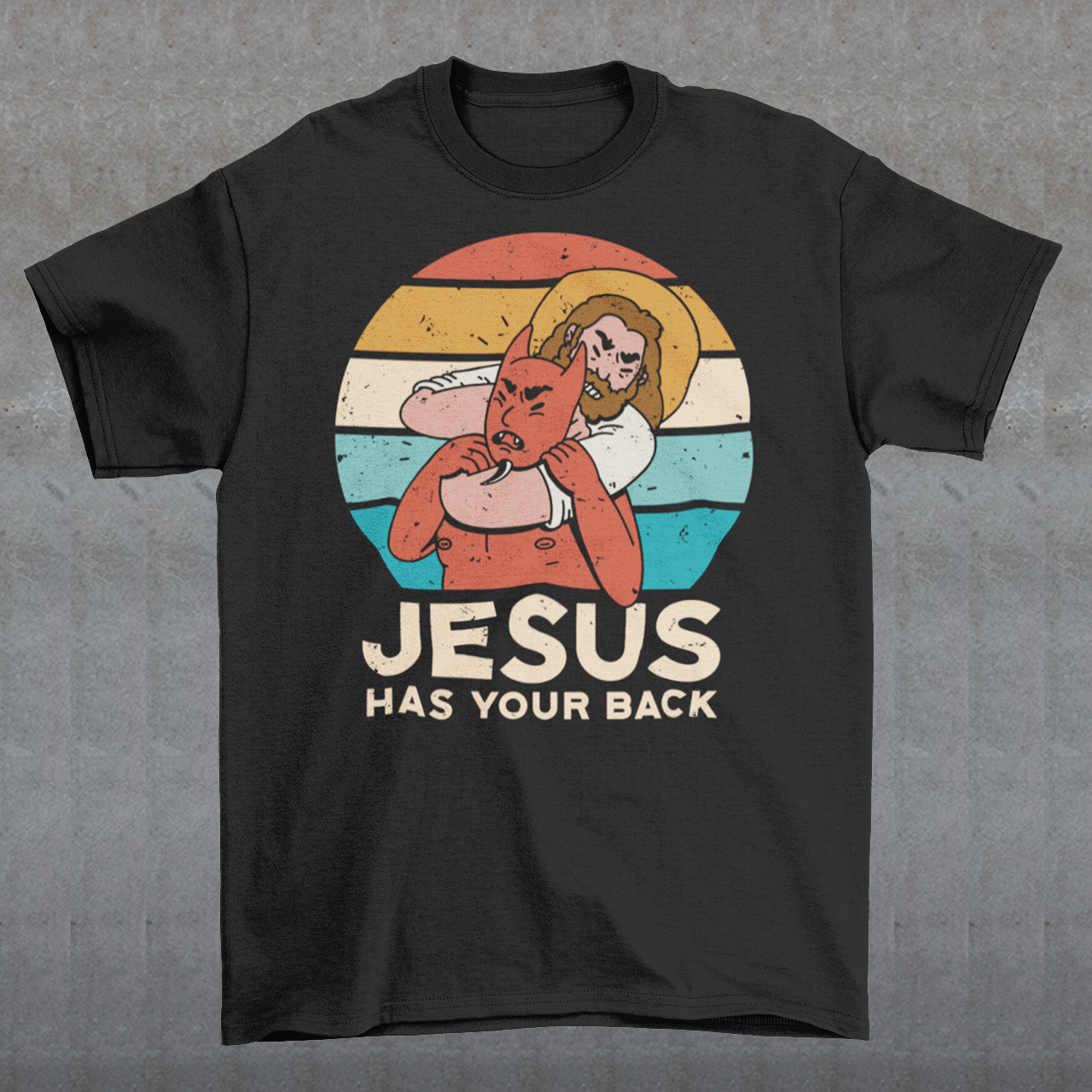 This captivating t-shirt design captures a powerful moment in vivid detail. Set against the backdrop of a stunning sunset, it features the iconic figure of Jesus Christ in an extraordinary display of strength and triumph. With unwavering determination, Jesus is depicted confidently holding Satan, the embodiment of evil, in a firm chokehold. The intricate artwork beautifully showcases the clash between good and evil, symbolizing Jesus' ultimate victory over darkness.