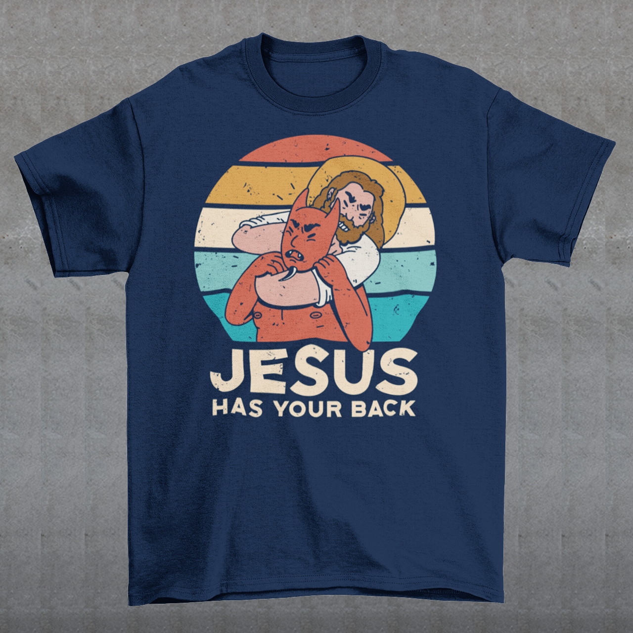 This captivating t-shirt design captures a powerful moment in vivid detail. Set against the backdrop of a stunning sunset, it features the iconic figure of Jesus Christ in an extraordinary display of strength and triumph. With unwavering determination, Jesus is depicted confidently holding Satan, the embodiment of evil, in a firm chokehold. The intricate artwork beautifully showcases the clash between good and evil, symbolizing Jesus' ultimate victory over darkness.