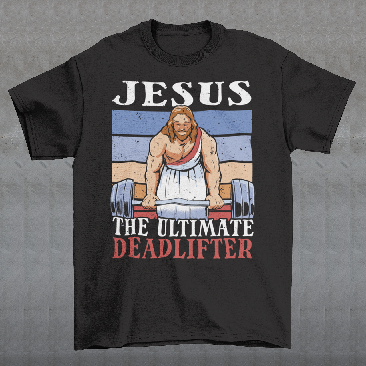 Introducing our bold and inspiring t-shirt design: "Jesus, The Ultimate Deadlifter." This unique and empowering graphic captures the strength, determination, and unwavering spirit of Jesus Christ as he takes on the challenge of deadlifting. The center of attention is an awe-inspiring depiction of Jesus Christ, muscles flexed and veins pulsating, showcasing his extraordinary strength. With a focus on his remarkable physicality, this design showcases Jesus in a moment of triumph.