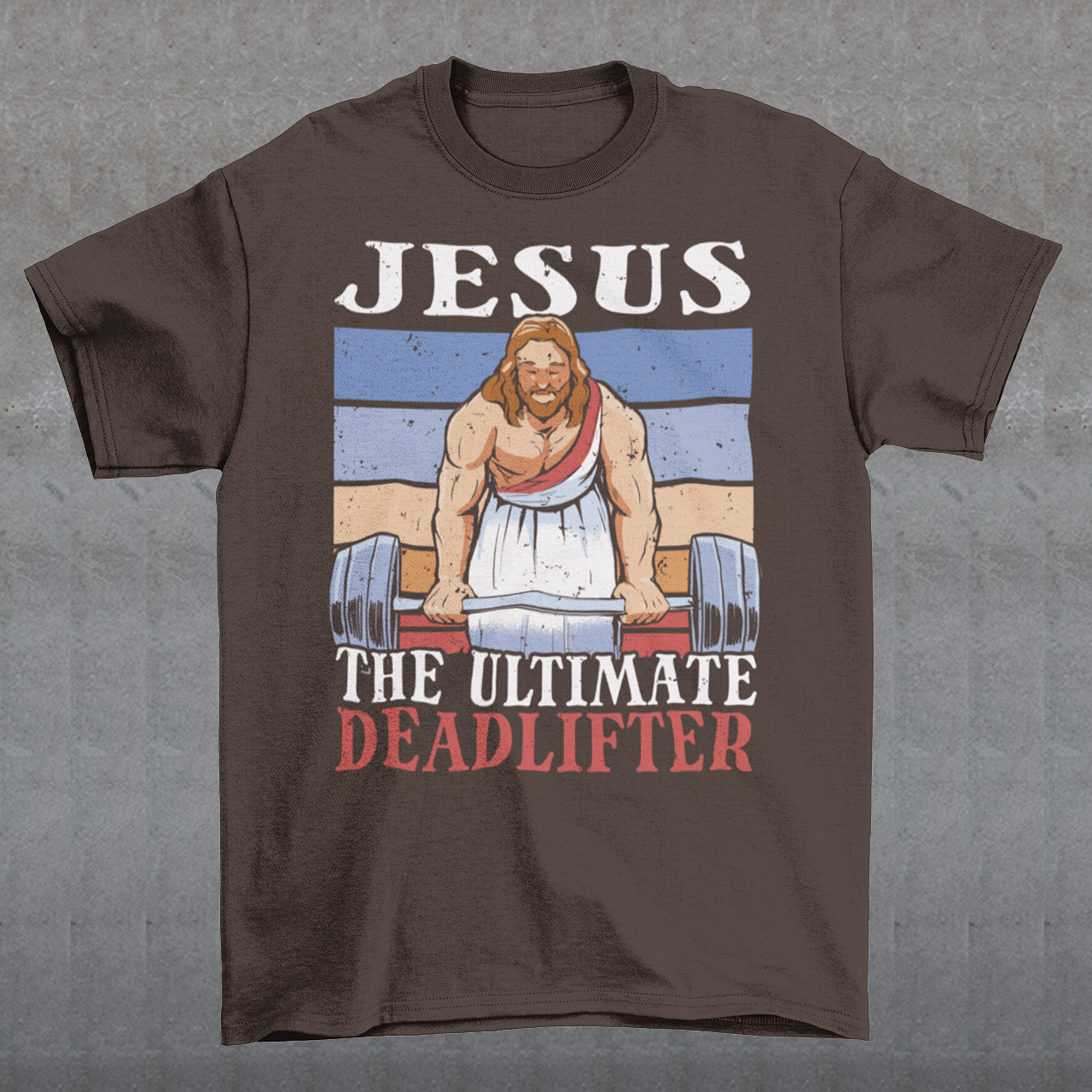 Introducing our bold and inspiring t-shirt design: "Jesus, The Ultimate Deadlifter." This unique and empowering graphic captures the strength, determination, and unwavering spirit of Jesus Christ as he takes on the challenge of deadlifting. The center of attention is an awe-inspiring depiction of Jesus Christ, muscles flexed and veins pulsating, showcasing his extraordinary strength. With a focus on his remarkable physicality, this design showcases Jesus in a moment of triumph.