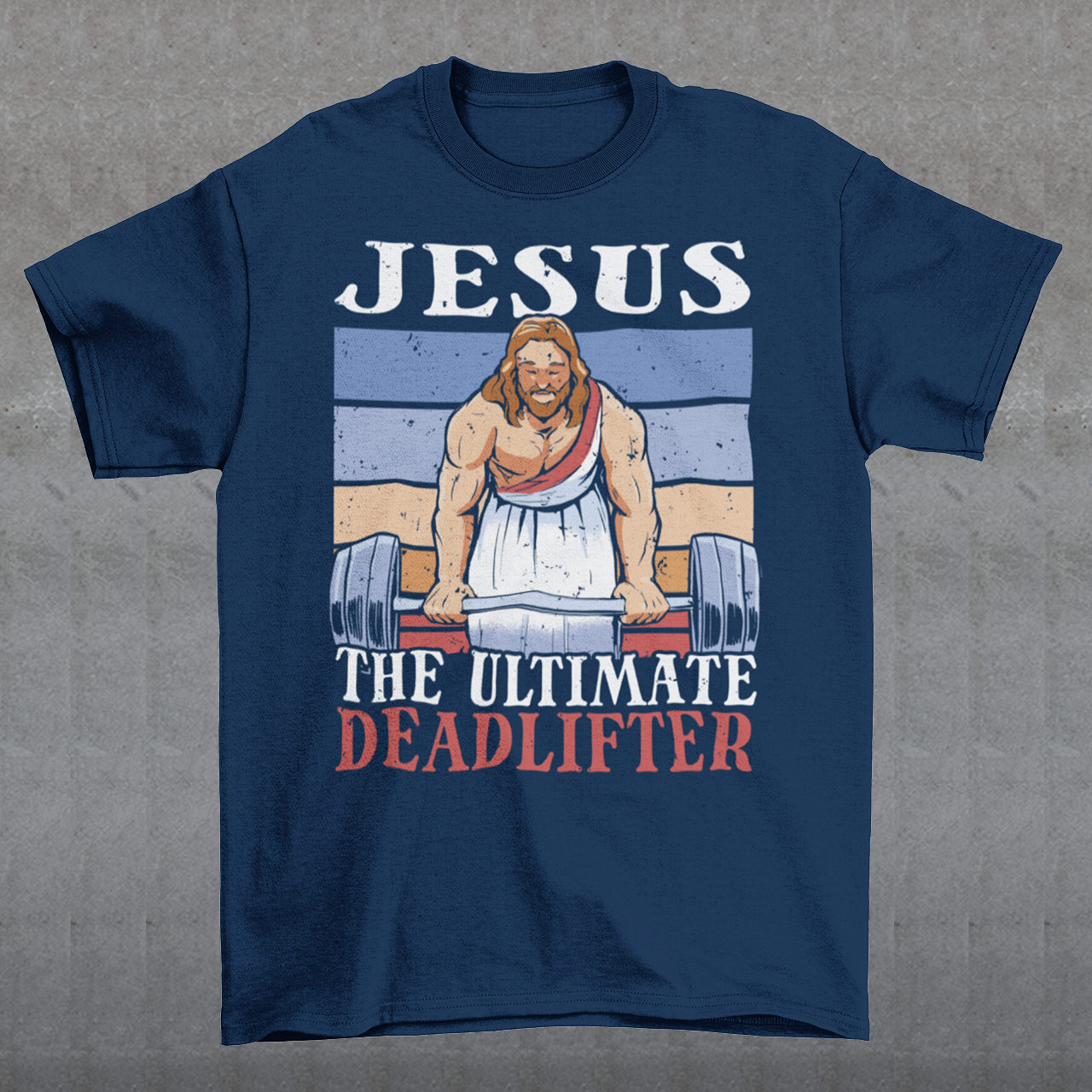 Introducing our bold and inspiring t-shirt design: "Jesus, The Ultimate Deadlifter." This unique and empowering graphic captures the strength, determination, and unwavering spirit of Jesus Christ as he takes on the challenge of deadlifting. The center of attention is an awe-inspiring depiction of Jesus Christ, muscles flexed and veins pulsating, showcasing his extraordinary strength. With a focus on his remarkable physicality, this design showcases Jesus in a moment of triumph.