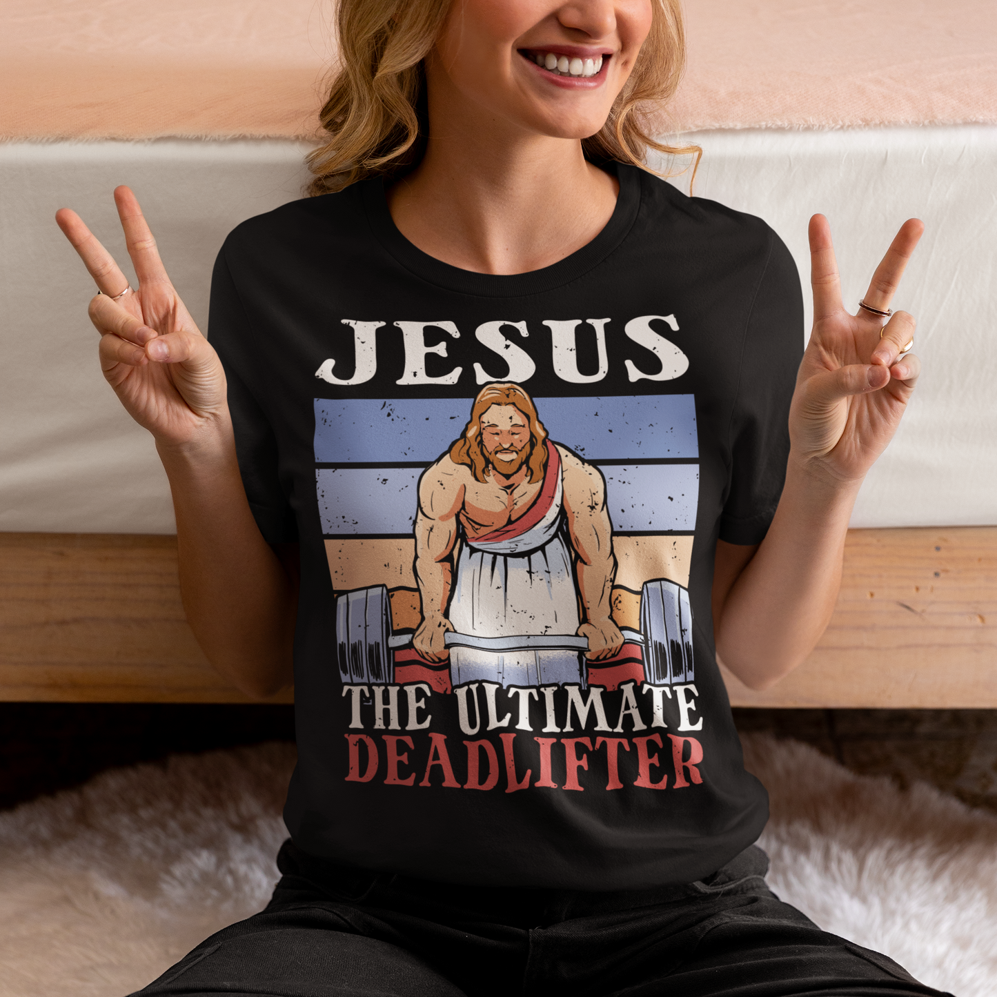 Introducing our bold and inspiring t-shirt design: "Jesus, The Ultimate Deadlifter." This unique and empowering graphic captures the strength, determination, and unwavering spirit of Jesus Christ as he takes on the challenge of deadlifting. The center of attention is an awe-inspiring depiction of Jesus Christ, muscles flexed and veins pulsating, showcasing his extraordinary strength. With a focus on his remarkable physicality, this design showcases Jesus in a moment of triumph.
