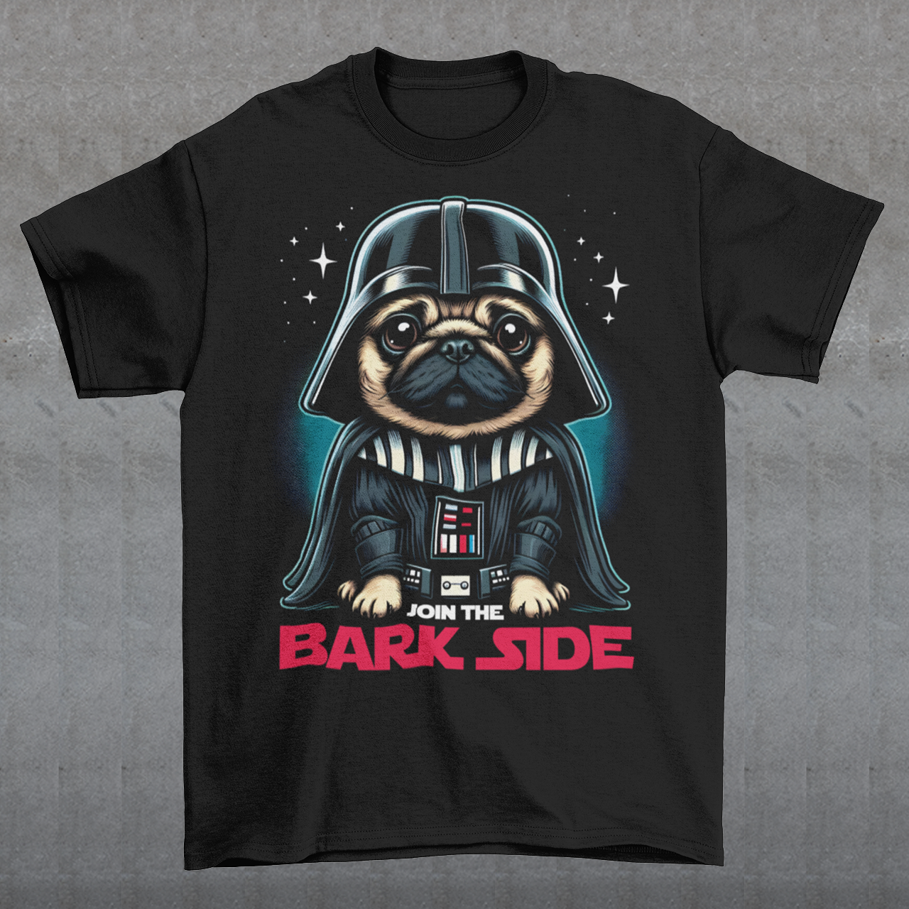 Introducing the ultimate "Join the Bark Side" T-shirt. This playful design features an adorable pug dressed as a Sith Lord and a determined, yet undeniably cute, expression. The pug's wrinkled face and intense stare will make anyone smile, as he embodies the dark side in the most charming way possible. Beneath the pug, bold text reads "JOIN THE BARK SIDE," adding a humorous twist to the classic phrase. This tee is sure to be a hit for those with a love for pups and galactic adventures!