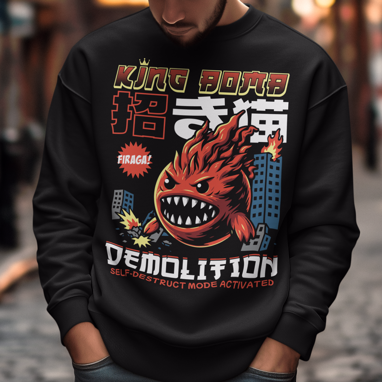 Unleash the chaos with our Japanese-style “King Bomb Demolition” Sweatshirt. Featuring a larger-than-life kaiju-inspired character, King Bomb towers over a crumbling cityscape in a striking manga/anime art style. Explosive details capture the raw energy of destruction as skyscrapers topple in his wake. Bold Japanese design elements bring an authentic streetwear vibe, while the text “KING BOMB DEMOLITION” adds a gritty punch to the artwork.