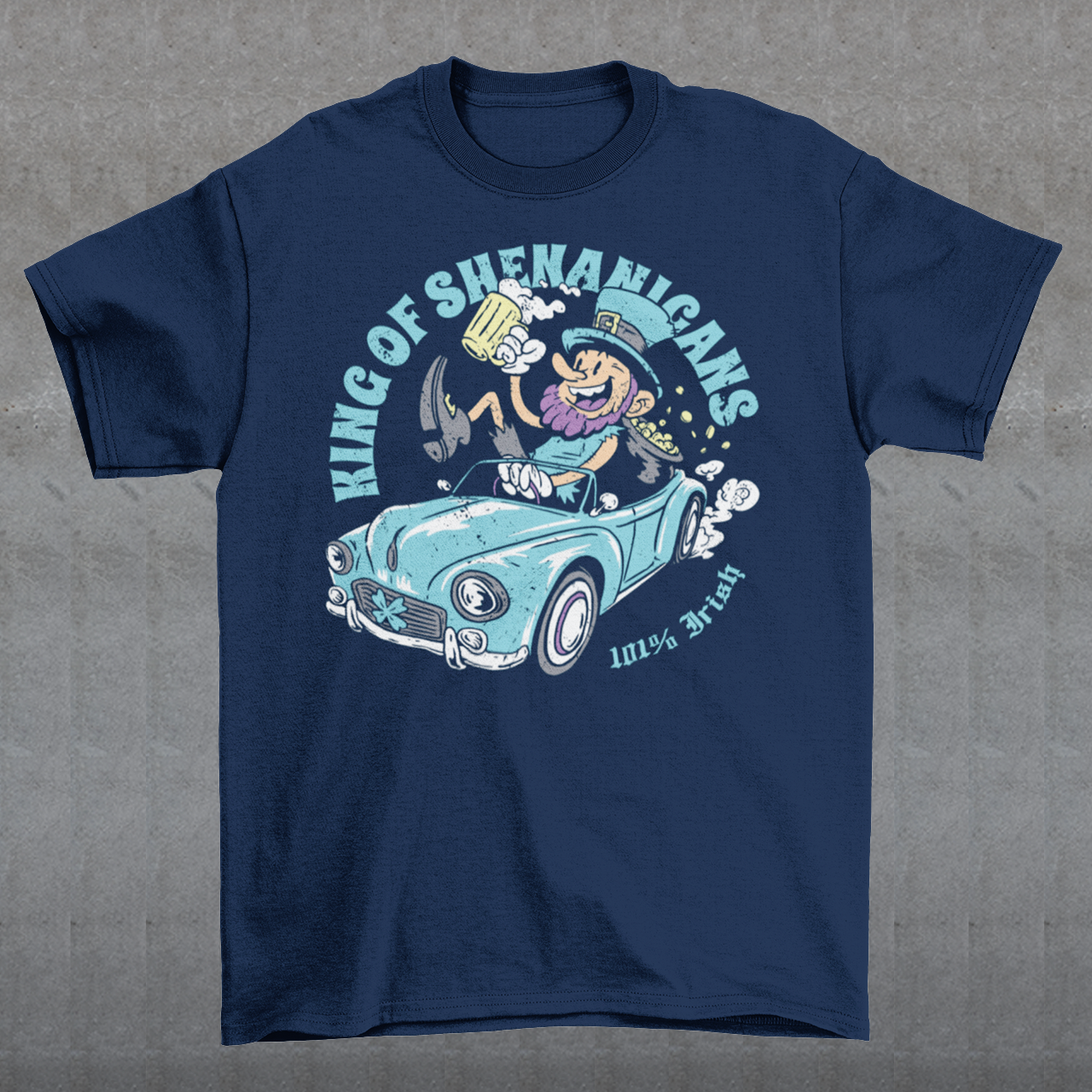 Get ready to stir up some trouble with this hilarious t-shirt featuring a leprechaun enjoying a cold pint of beer in the front seat of a car! With his mischievous grin and twinkling eyes, this little guy is clearly the king of shenanigans.