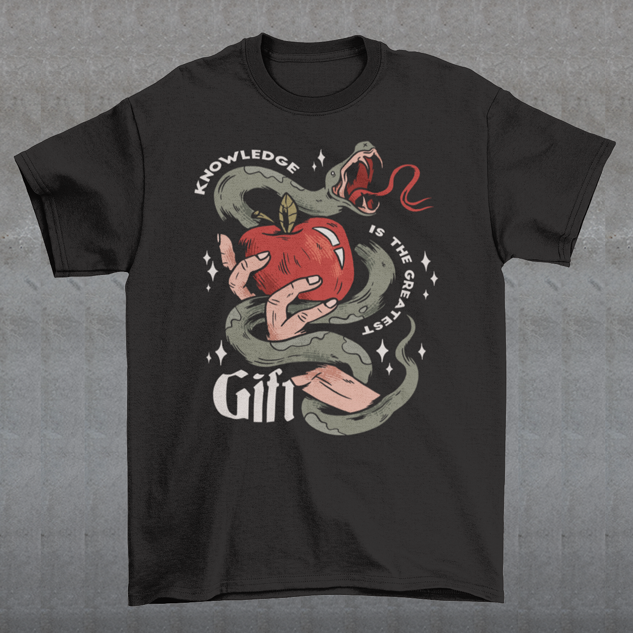 Introducing our captivating "Knowledge is the Greatest Gift" T-shirt – a design that seamlessly blends symbolism and style. Centered on the tee is a powerful image: a meticulously drawn hand cradling a luscious apple, artfully encased in the sinuous coils of a serpent. This iconic representation pays homage to the age-old biblical tale of Adam and Eve, where the apple, symbolizing knowledge, is intertwined with the cunning serpent.