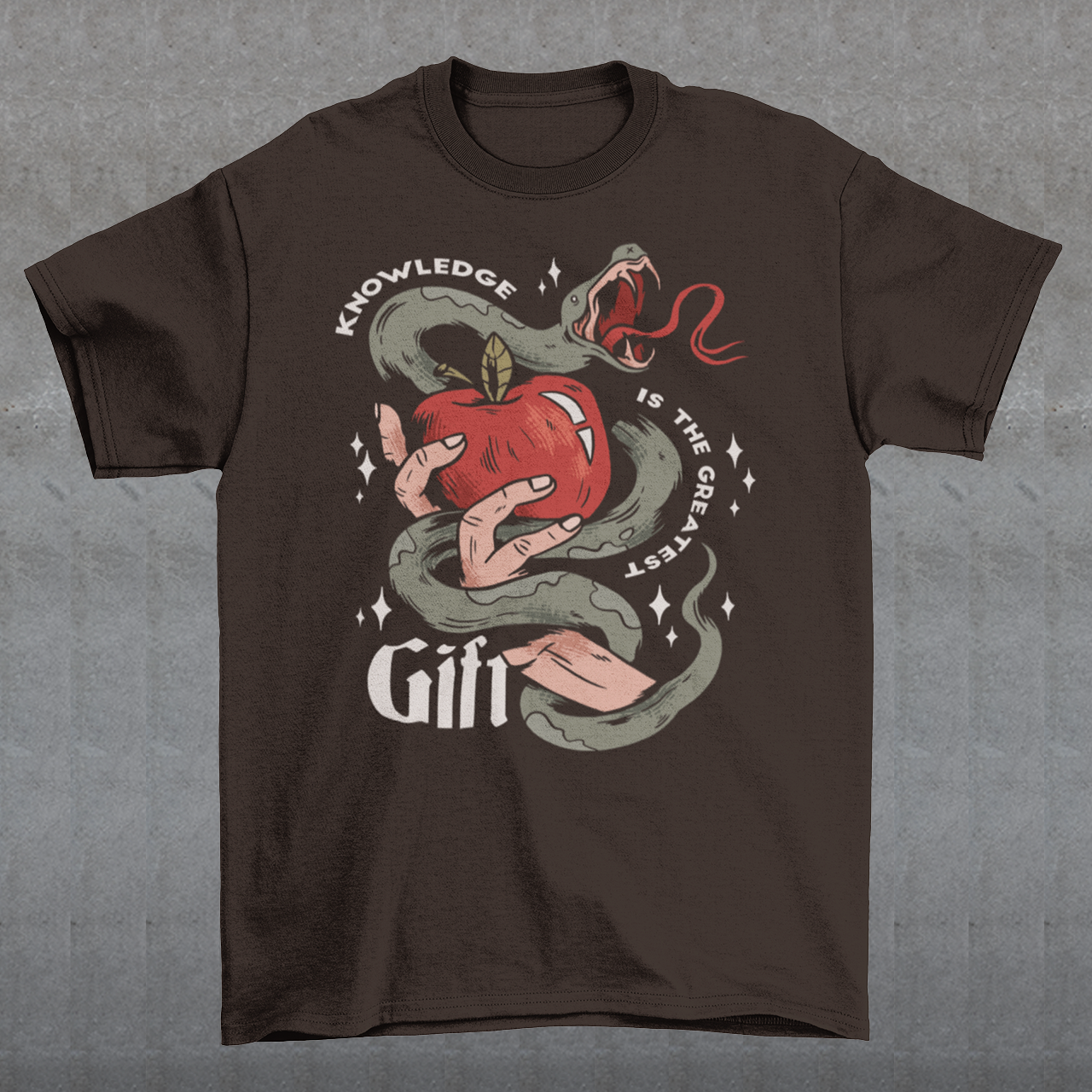 Introducing our captivating "Knowledge is the Greatest Gift" T-shirt – a design that seamlessly blends symbolism and style. Centered on the tee is a powerful image: a meticulously drawn hand cradling a luscious apple, artfully encased in the sinuous coils of a serpent. This iconic representation pays homage to the age-old biblical tale of Adam and Eve, where the apple, symbolizing knowledge, is intertwined with the cunning serpent.