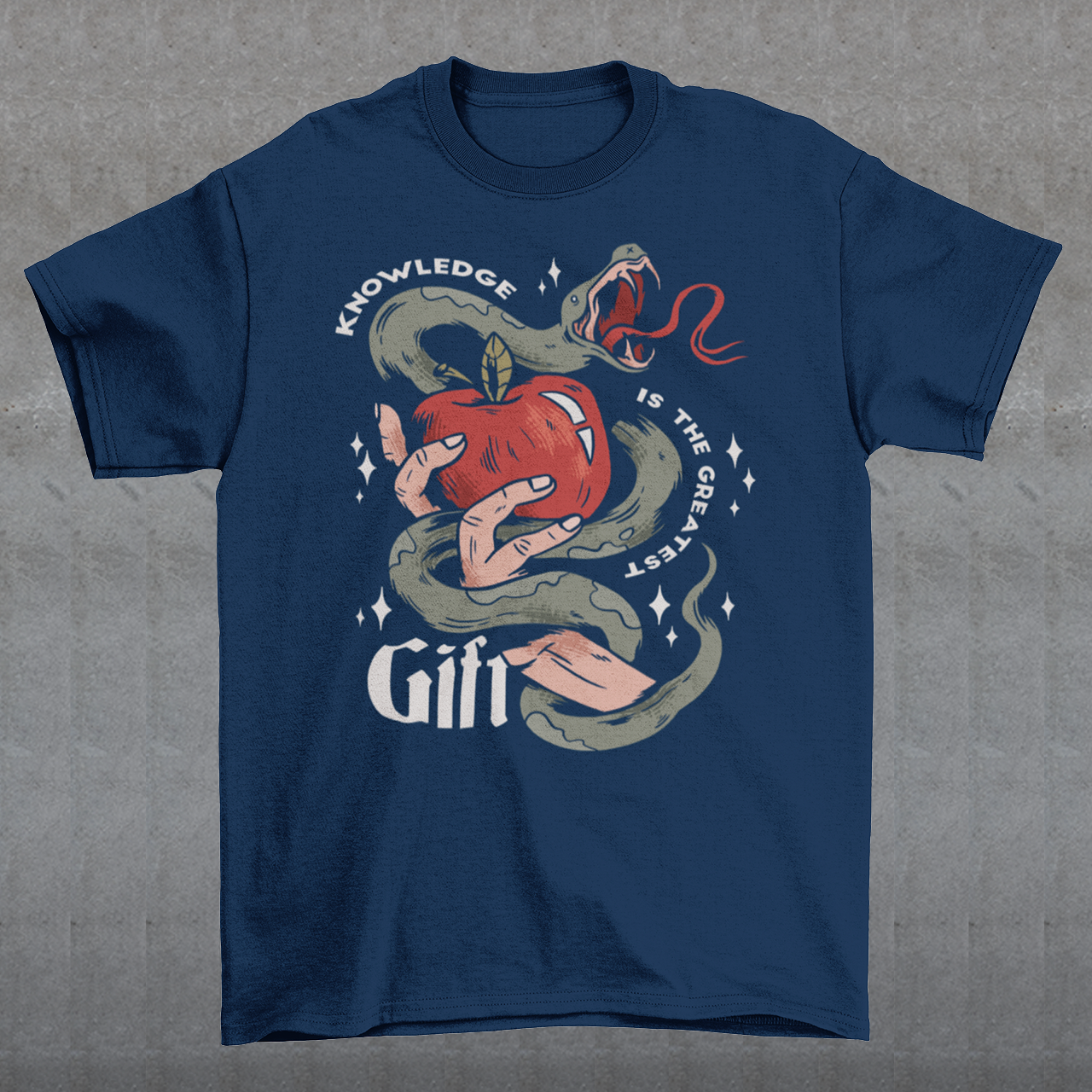 Introducing our captivating "Knowledge is the Greatest Gift" T-shirt – a design that seamlessly blends symbolism and style. Centered on the tee is a powerful image: a meticulously drawn hand cradling a luscious apple, artfully encased in the sinuous coils of a serpent. This iconic representation pays homage to the age-old biblical tale of Adam and Eve, where the apple, symbolizing knowledge, is intertwined with the cunning serpent.