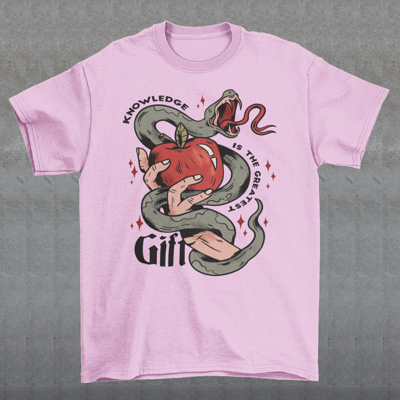 Introducing our captivating "Knowledge is the Greatest Gift" T-shirt – a design that seamlessly blends symbolism and style. Centered on the tee is a powerful image: a meticulously drawn hand cradling a luscious apple, artfully encased in the sinuous coils of a serpent. This iconic representation pays homage to the age-old biblical tale of Adam and Eve, where the apple, symbolizing knowledge, is intertwined with the cunning serpent.