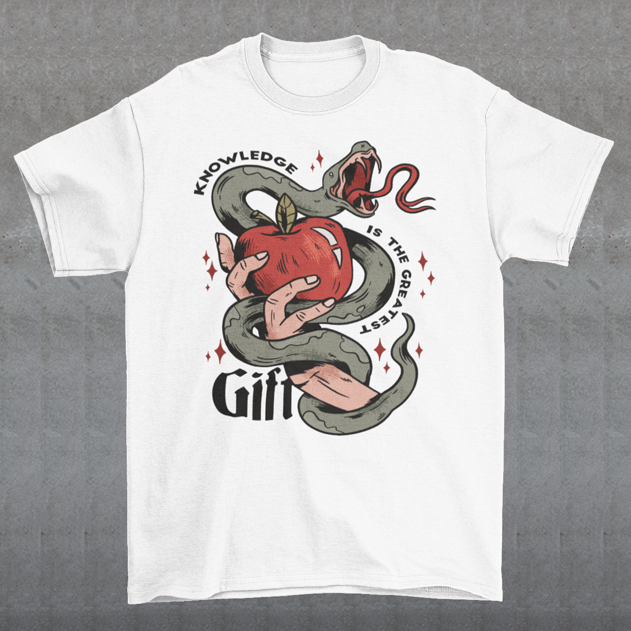 Introducing our captivating "Knowledge is the Greatest Gift" T-shirt – a design that seamlessly blends symbolism and style. Centered on the tee is a powerful image: a meticulously drawn hand cradling a luscious apple, artfully encased in the sinuous coils of a serpent. This iconic representation pays homage to the age-old biblical tale of Adam and Eve, where the apple, symbolizing knowledge, is intertwined with the cunning serpent.