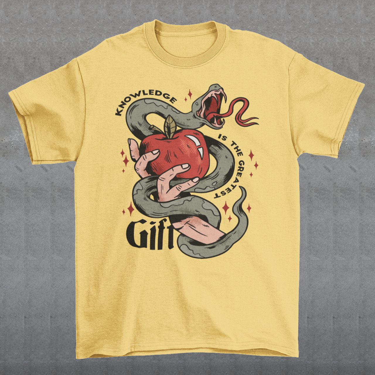Introducing our captivating "Knowledge is the Greatest Gift" T-shirt – a design that seamlessly blends symbolism and style. Centered on the tee is a powerful image: a meticulously drawn hand cradling a luscious apple, artfully encased in the sinuous coils of a serpent. This iconic representation pays homage to the age-old biblical tale of Adam and Eve, where the apple, symbolizing knowledge, is intertwined with the cunning serpent.