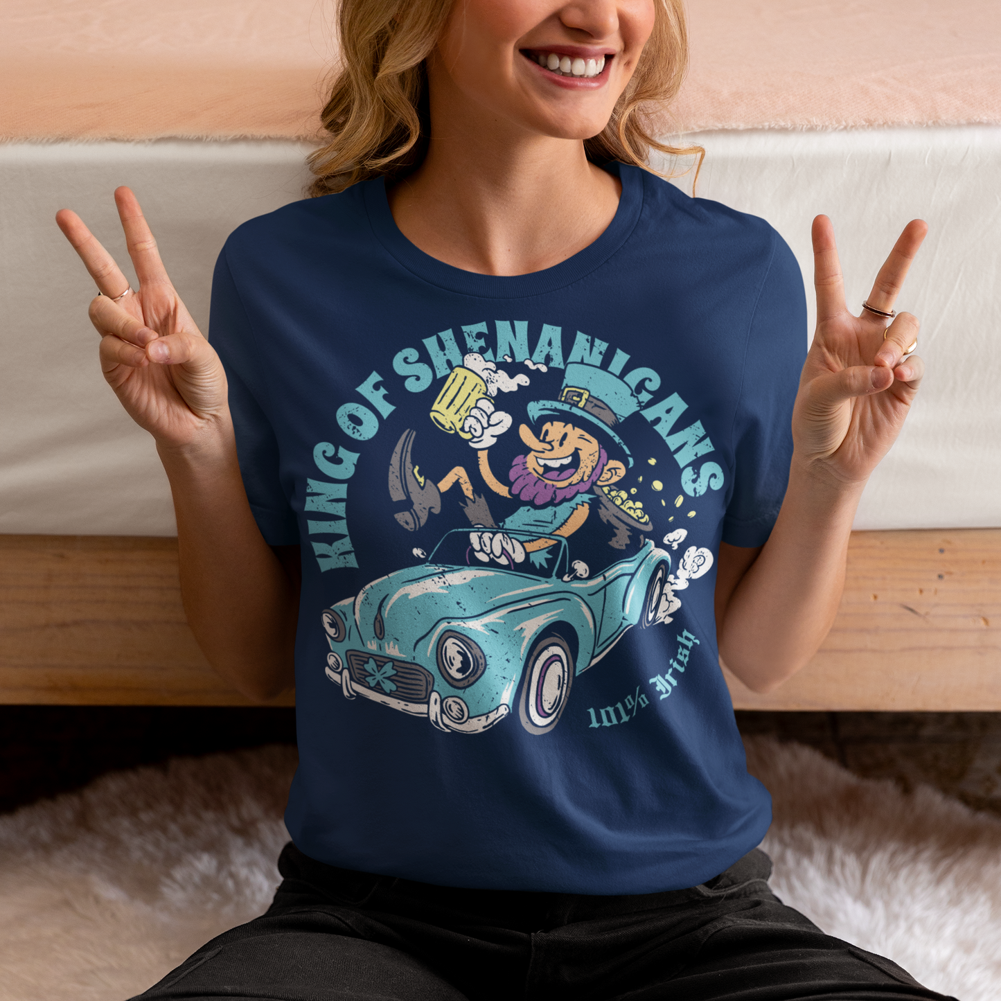 Get ready to stir up some trouble with this hilarious t-shirt featuring a leprechaun enjoying a cold pint of beer in the front seat of a car! With his mischievous grin and twinkling eyes, this little guy is clearly the king of shenanigans.
