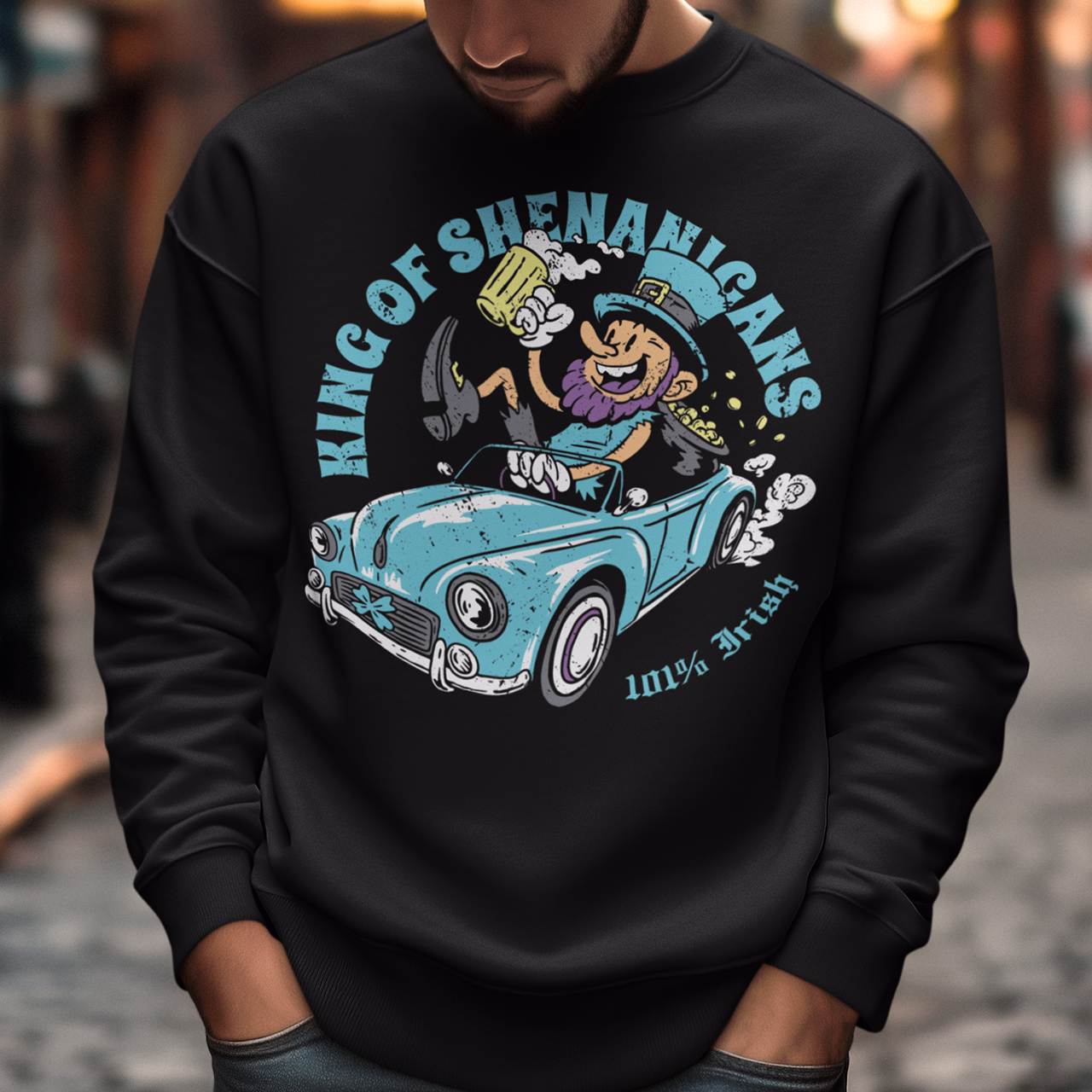 Get ready to stir up some trouble with this hilarious sweatshirt featuring a leprechaun enjoying a cold pint of beer in the front seat of a car! With his mischievous grin and twinkling eyes, this little guy is clearly the king of shenanigans.