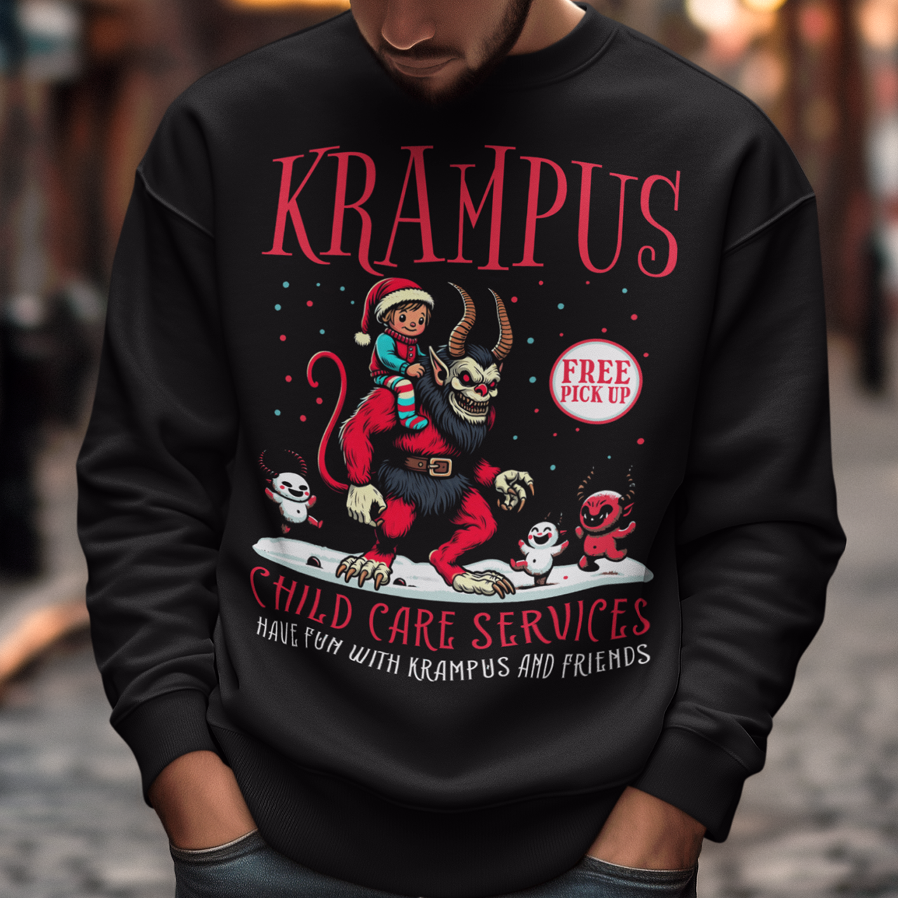 Black sweatshirt of Krampus with a child on his back in the snow surrounded by demons with text "KRAMPUS CHILD CARE SERVICES".