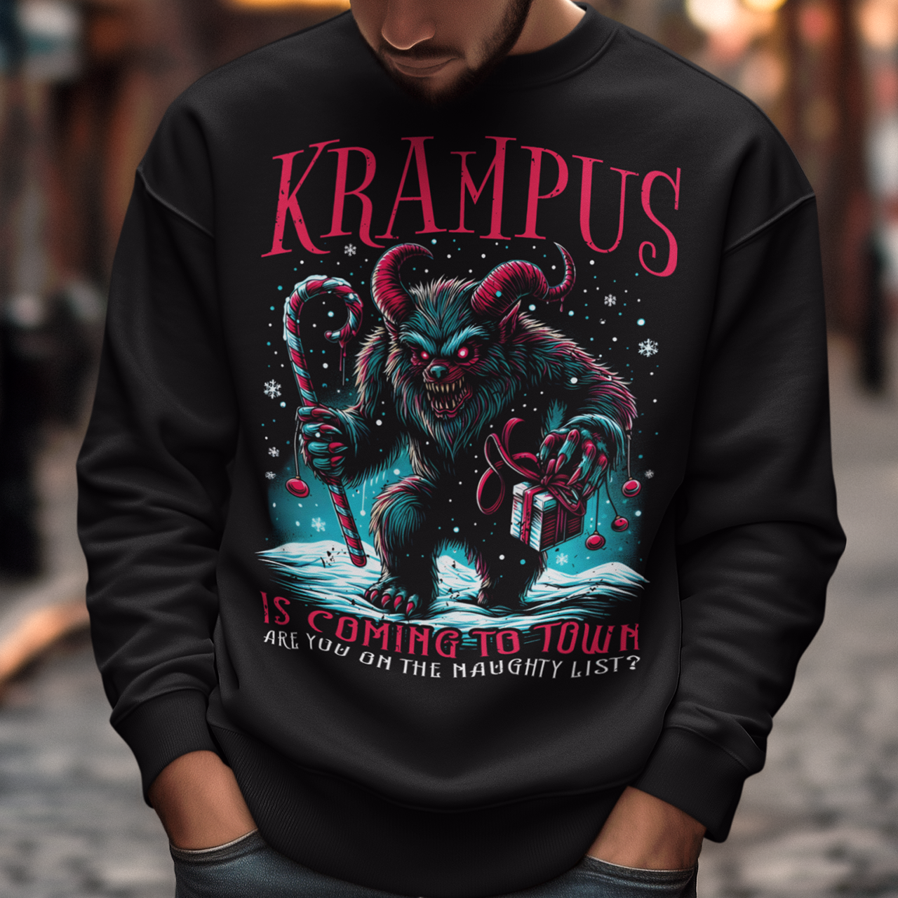 Black Christmas sweatshirt of Krampus walking in the snow with a candy cane and christmas present with text "KRAMPUS IS COMING TO TOWN".