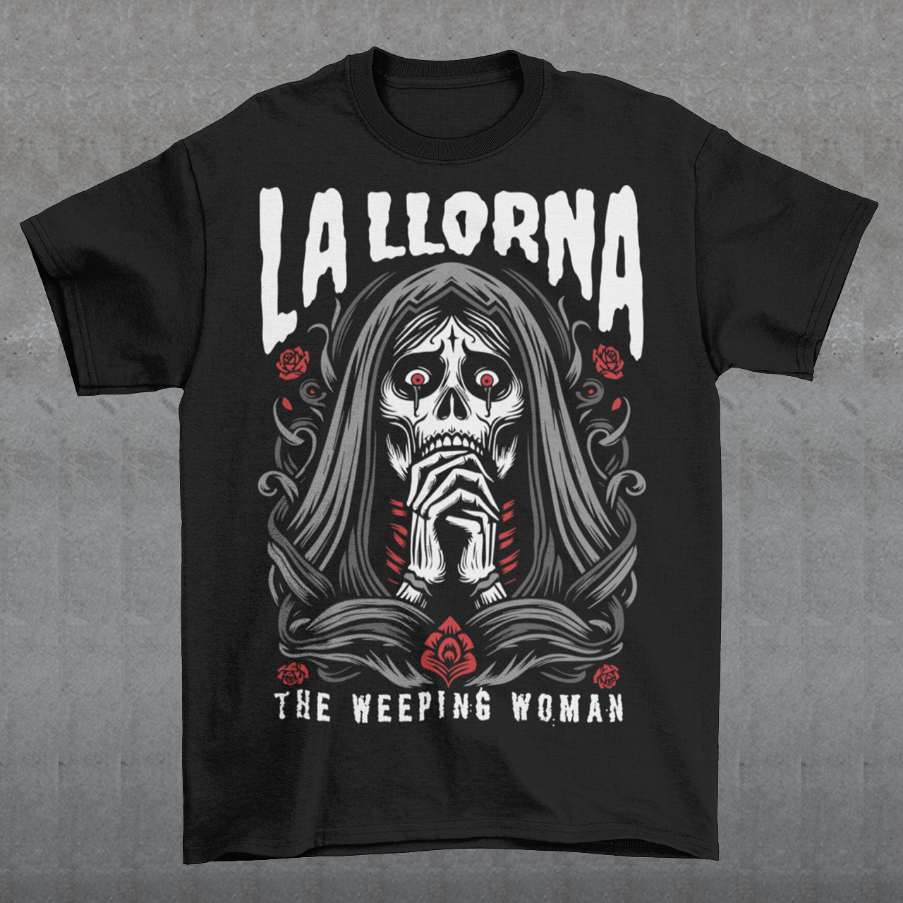 This striking La Llorona t-shirt features a haunting depiction of the legendary Weeping Woman, her ghostly figure shrouded in mist, with flowing hair and a sorrowful expression as she searches for her lost children. The design captures the eerie, chilling essence of the famous Latin American folktale, blending dark, gothic tones with an ethereal glow. Above the image, bold lettering reads "LA LLORONA", while below, the translation "THE WEEPING WOMAN" adds to the eerie mystique. Perfect for fans of folklore