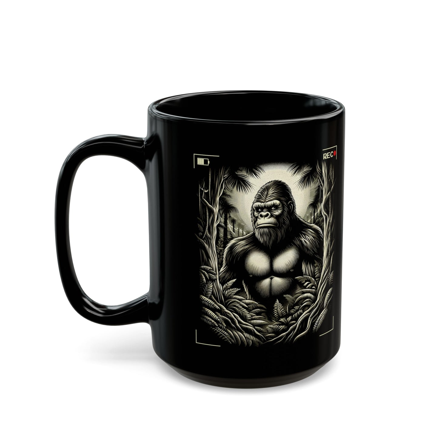 Black mug of Bigfoot being recorded looking through the trees.