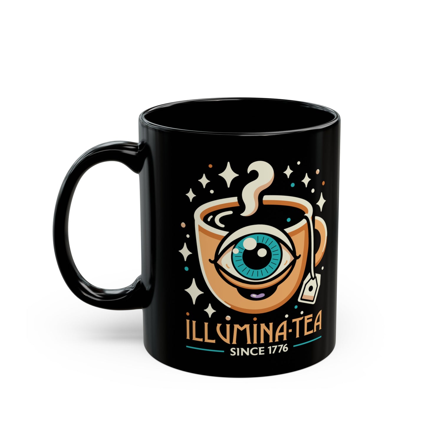 Black mug of an Illuminati cup with text Illumina-Tea