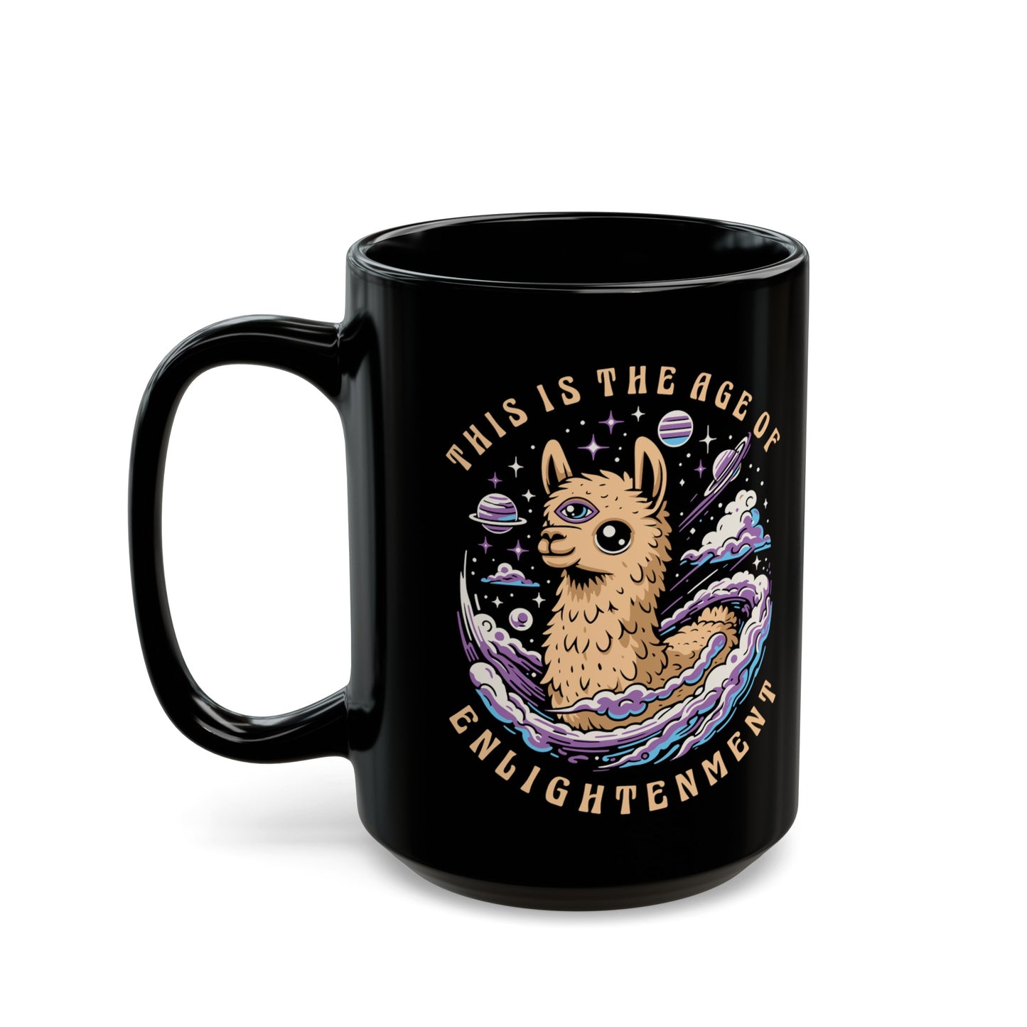 Black mug of a Llama with a third eye in space with text THIS IS THE AGE OF ENLIGHTENMENT.