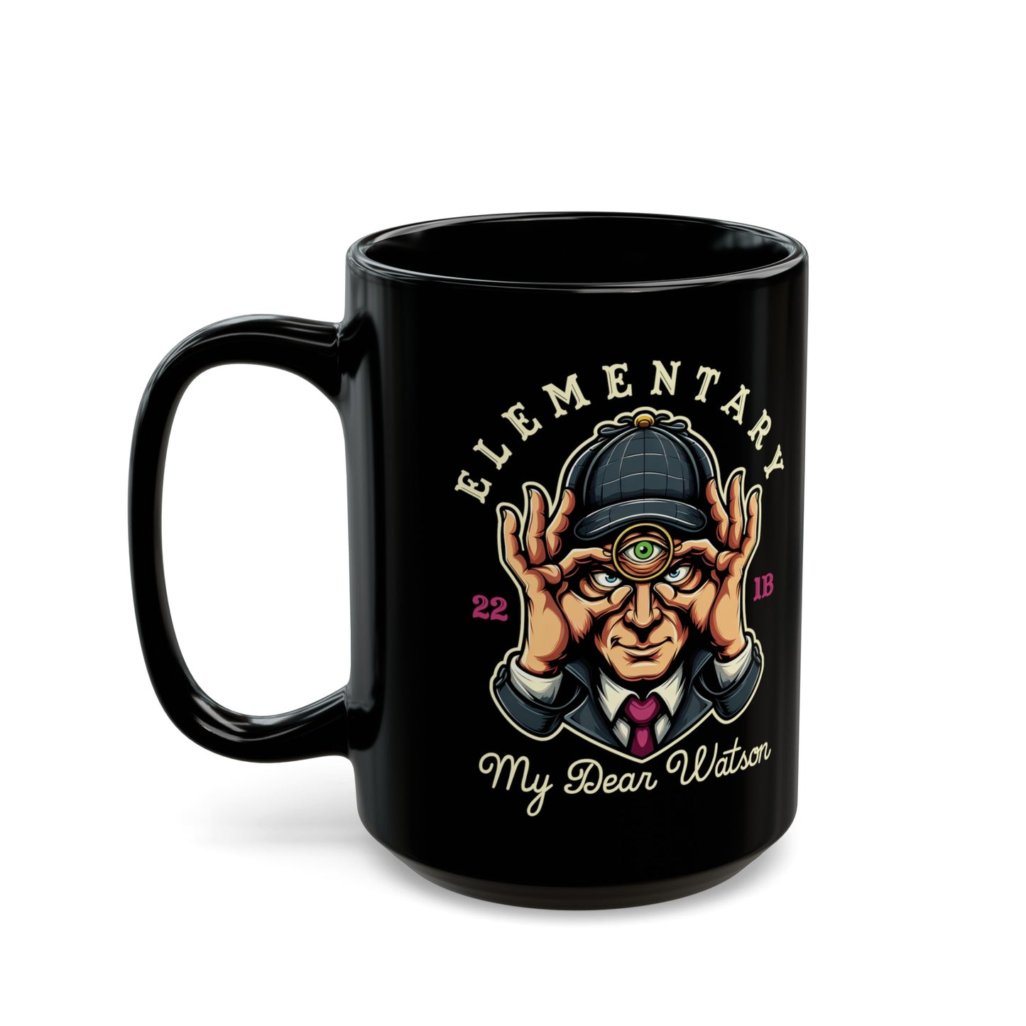 Black mug of Sherlock Holmes with a third eye and text ELEMENTARY MY DEAR WATSON.