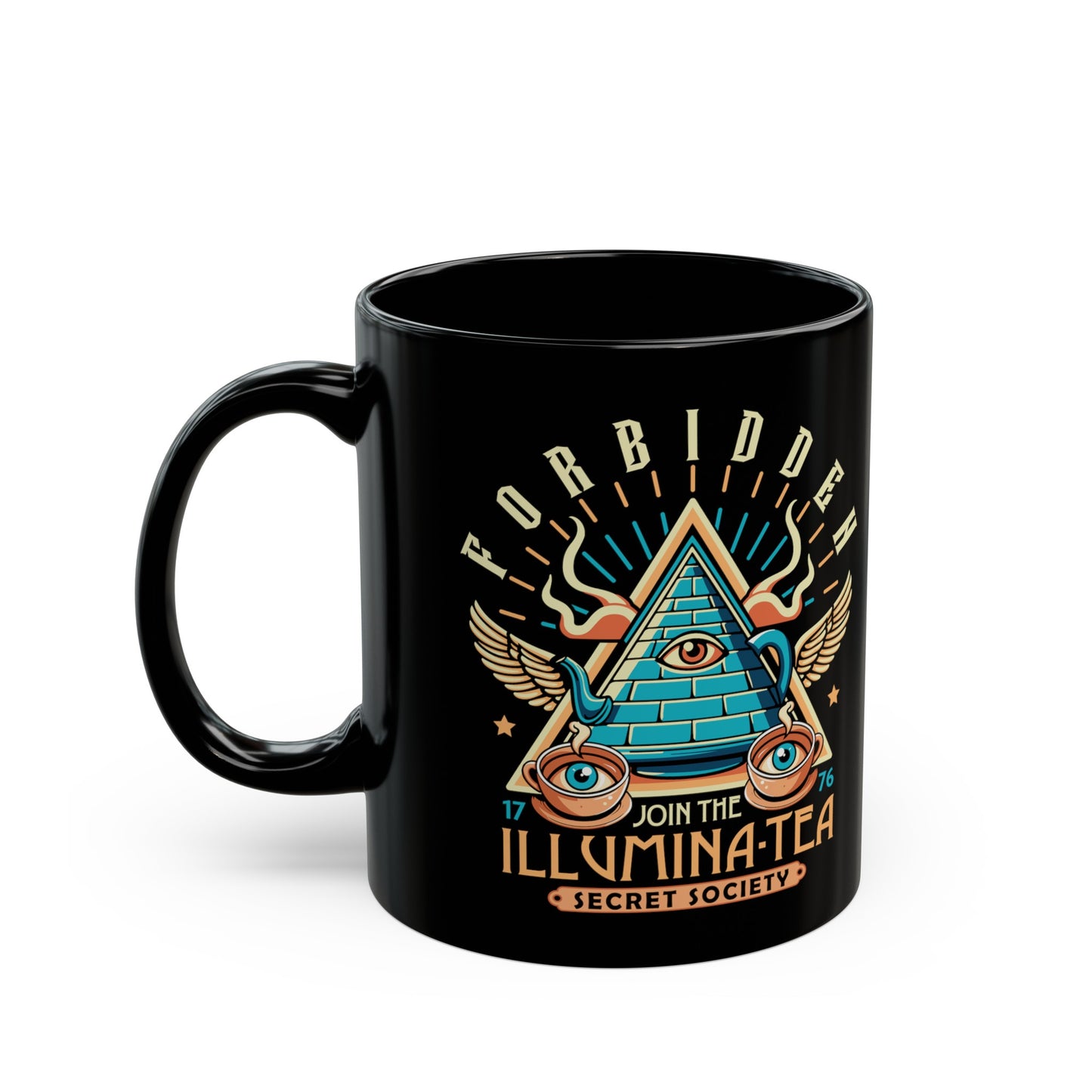 Black mug of an Illuminati tea pot and cups with text ILLUMINA-TEA.