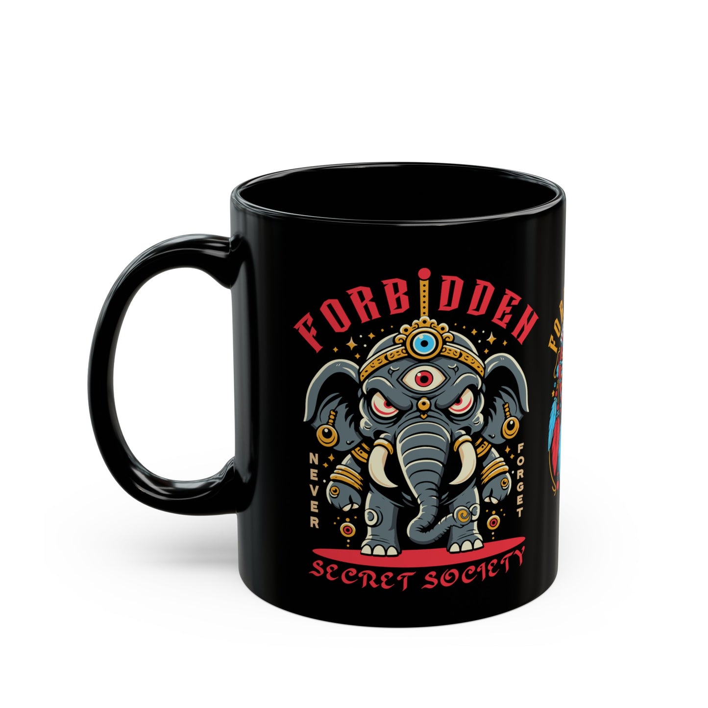 Black mug of an Illuminati elephant with a third eye with text FORBIDDEN SECRET SOCIETY.