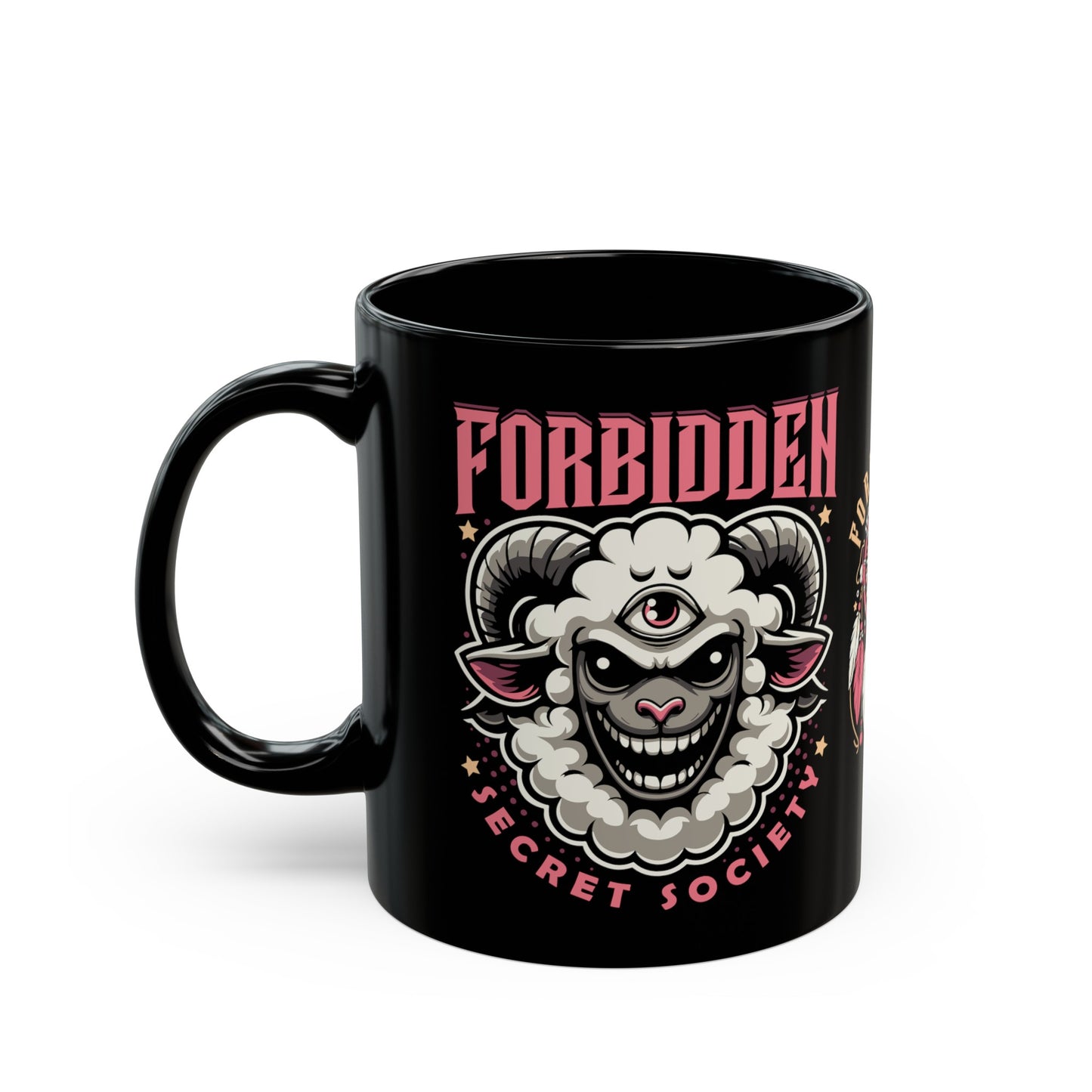 Black mug of an Illuminati sheep with a third eye with text FORBIDDEN SECRET SOCIETY.