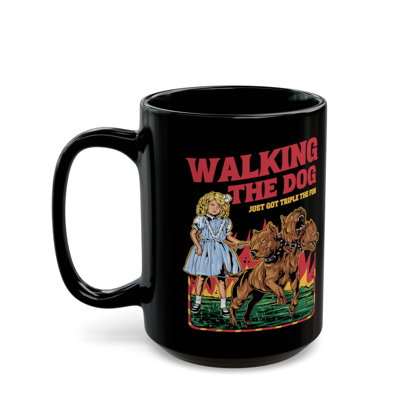 Black mug of a girl taking Cerberus dog for a walk with text WALKING THE DOG JUST GOT TRIPLE THE FUN.