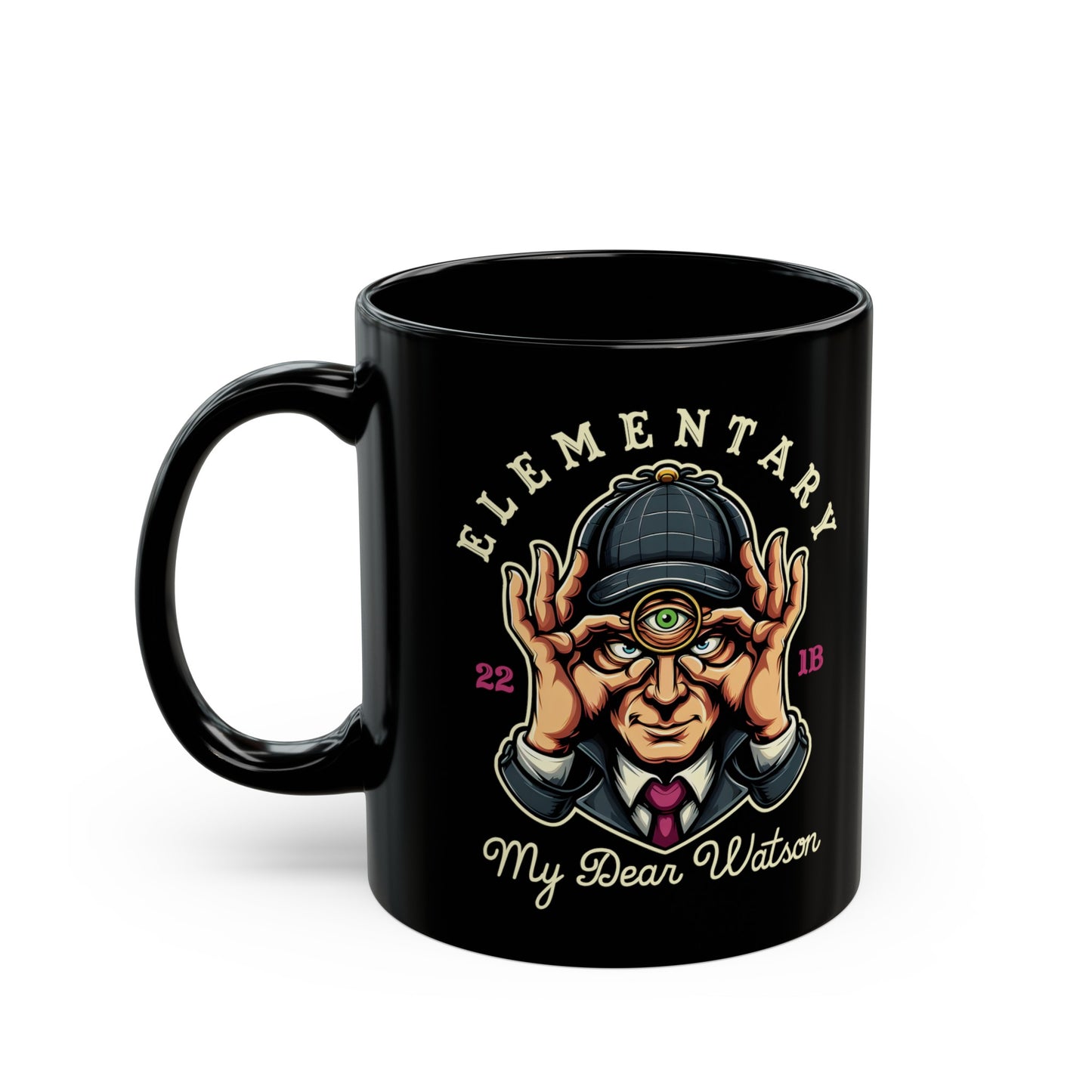 Black mug of Sherlock Holmes with a third eye and text ELEMENTARY MY DEAR WATSON.