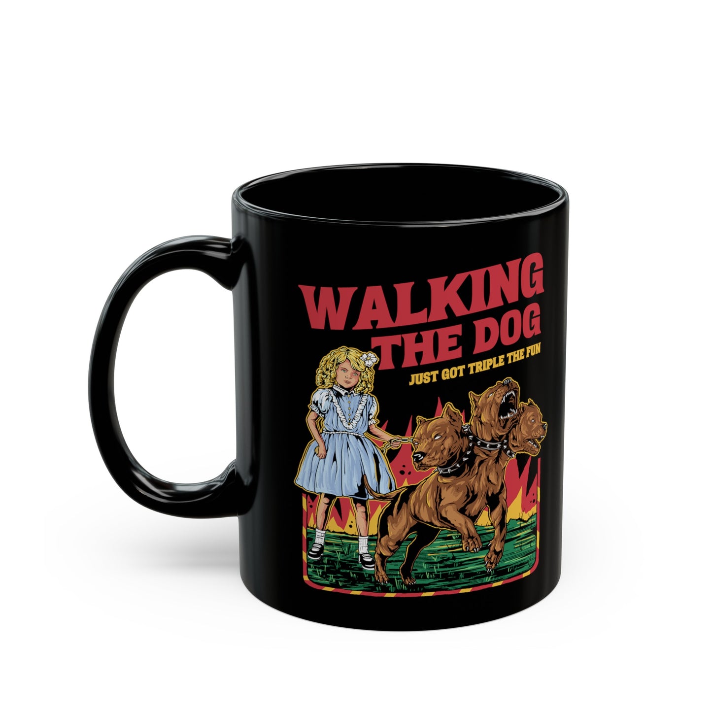 Black mug of a girl taking Cerberus dog for a walk with text WALKING THE DOG JUST GOT TRIPLE THE FUN.
