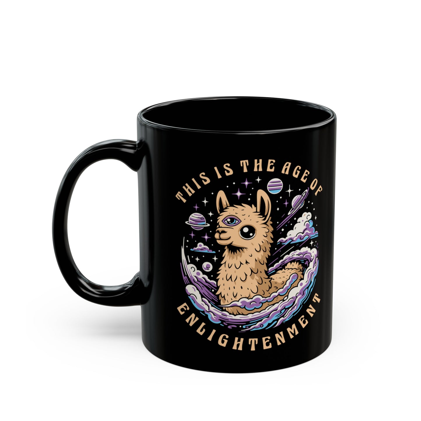 Black mug of a Llama with a third eye in space with text THIS IS THE AGE OF ENLIGHTENMENT.