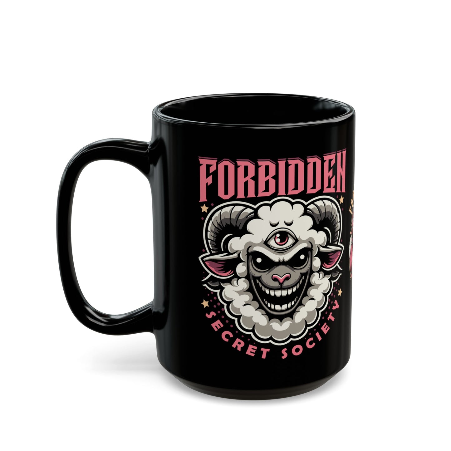 Black mug of an Illuminati sheep with a third eye with text FORBIDDEN SECRET SOCIETY.