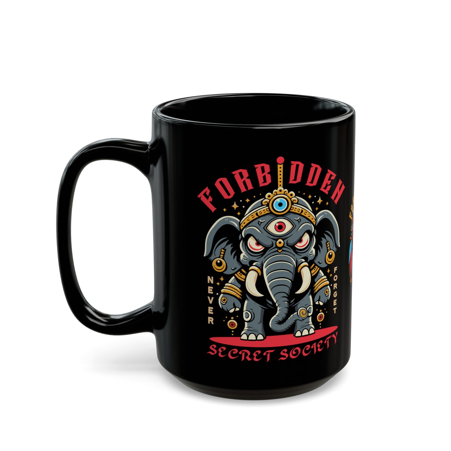 Black mug of an Illuminati elephant with a third eye with text FORBIDDEN SECRET SOCIETY.