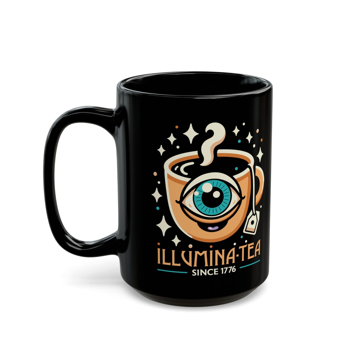 Black mug of an Illuminati cup with text Illumina-Tea