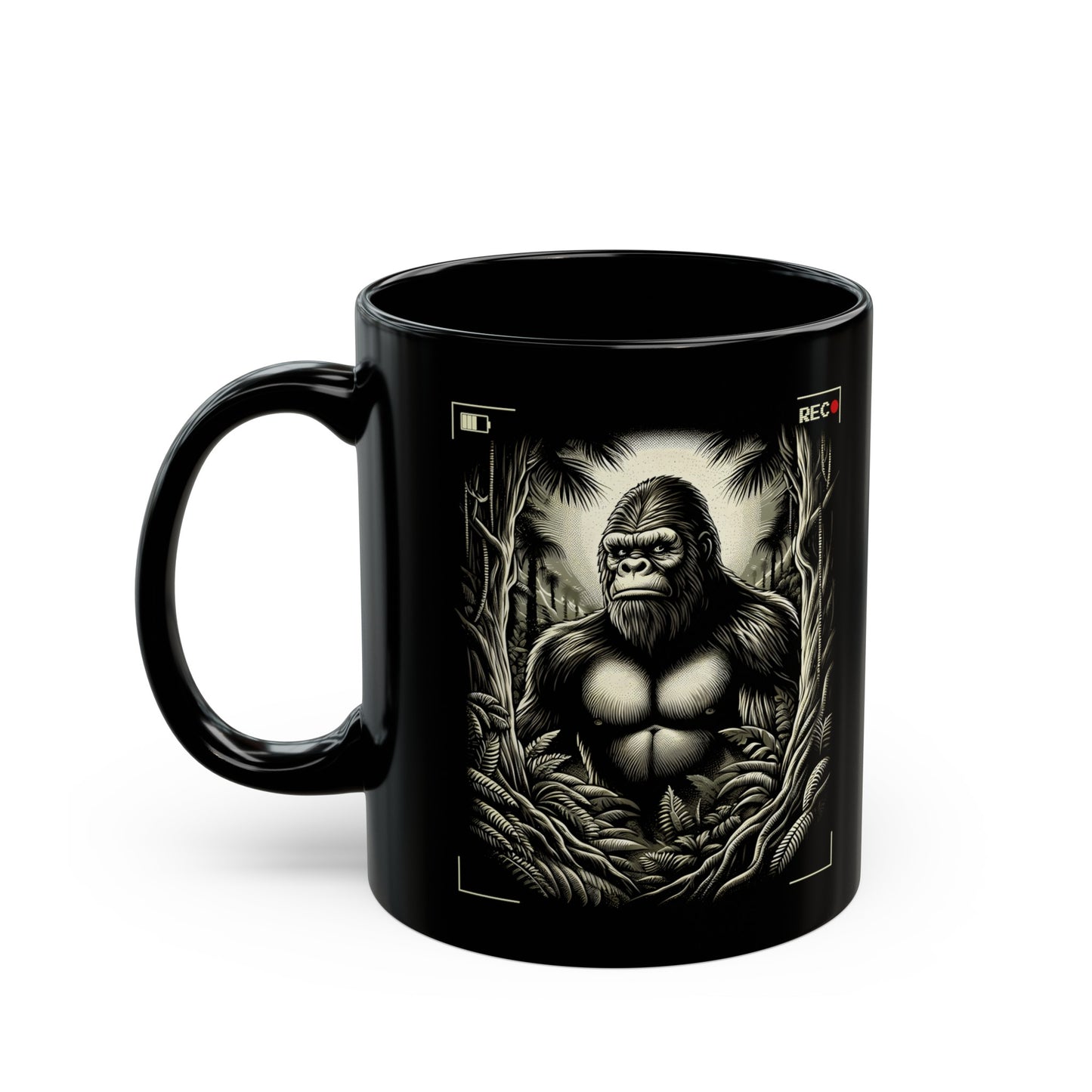 Black mug of Bigfoot being recorded looking through the trees.