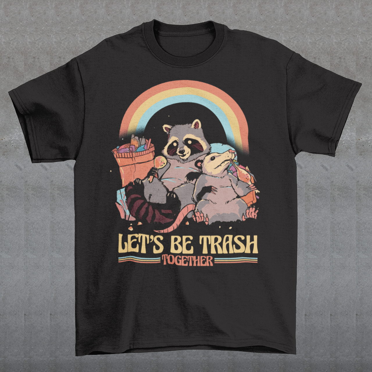 Get ready to embrace your mischievous side with this adorable raccoon and possum duo on a quest for fun! The vibrant graphic features a playful raccoon and a curious possum side by side, ready to conquer the night. Beneath this charismatic pair, bold text reads "LET'S BE TRASH TOGETHER," capturing the essence of camaraderie in their shared adventures.