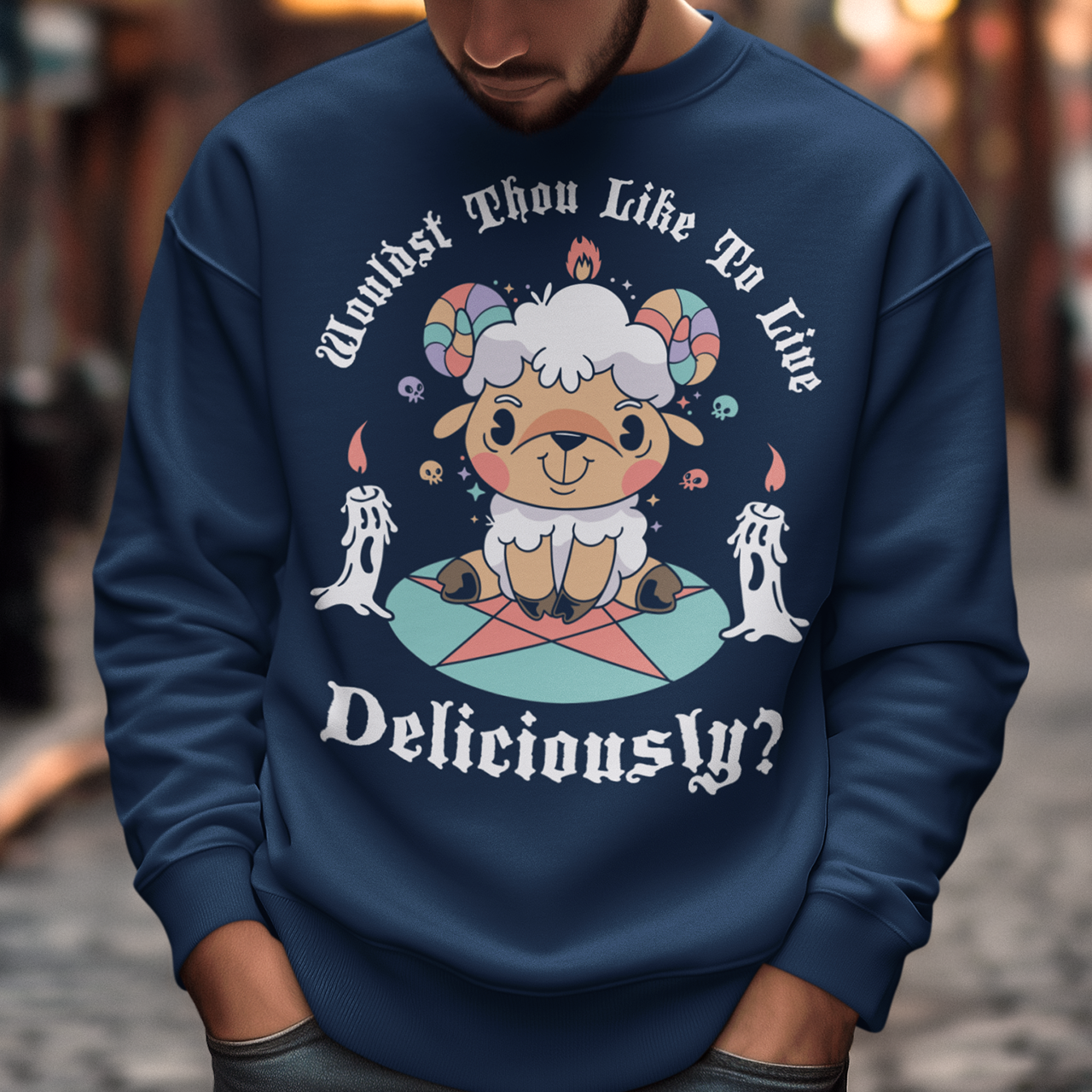 Unleash your inner rebel with this striking graphic sweatshirt featuring a smug, mystical goat perched atop a pentagram—summoning vibes as bold as your wardrobe. Inspired by folklore and a hint of witchy sarcasm, the chilling phrase "WOULDST THOU LIKE TO LIVE DELICIOUSLY?" is scrawled across the design in eerie, arcane lettering. Perfect for fans of the occult, dark humor, and aesthetic rebellion.