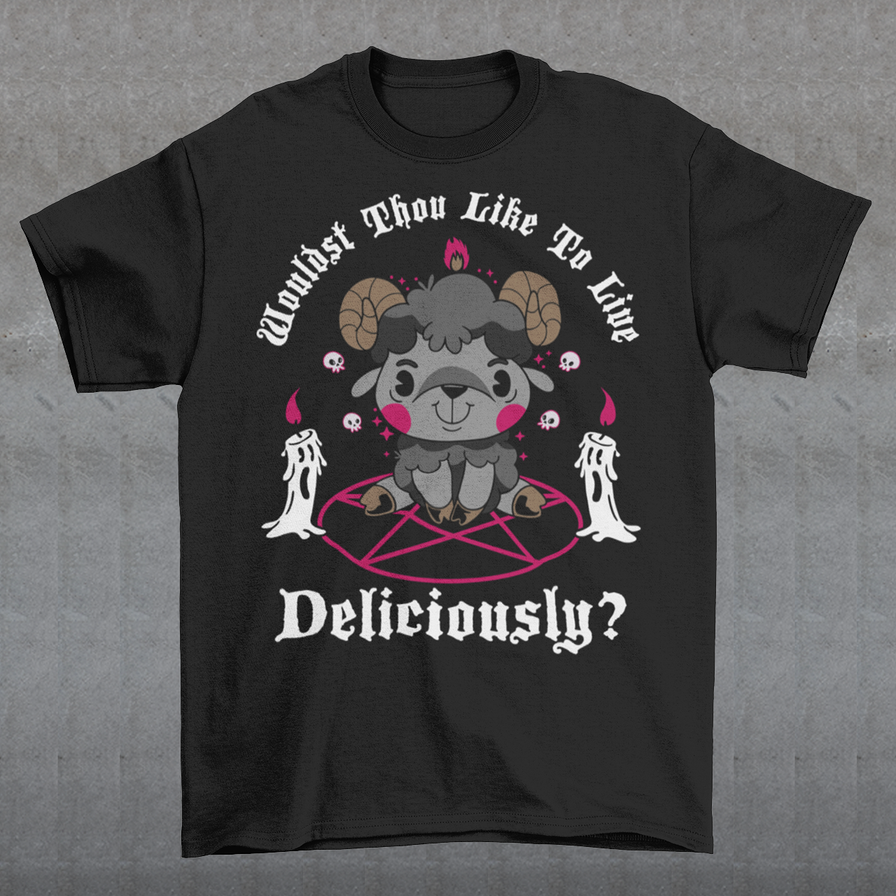 Unleash your inner rebel with this striking graphic tee featuring a smug, mystical goat perched atop a pentagram—summoning vibes as bold as your wardrobe. Inspired by folklore and a hint of witchy sarcasm, the chilling phrase "WOULDST THOU LIKE TO LIVE DELICIOUSLY?" is scrawled across the design in eerie, arcane lettering. Perfect for fans of the occult, dark humor, and aesthetic rebellion.