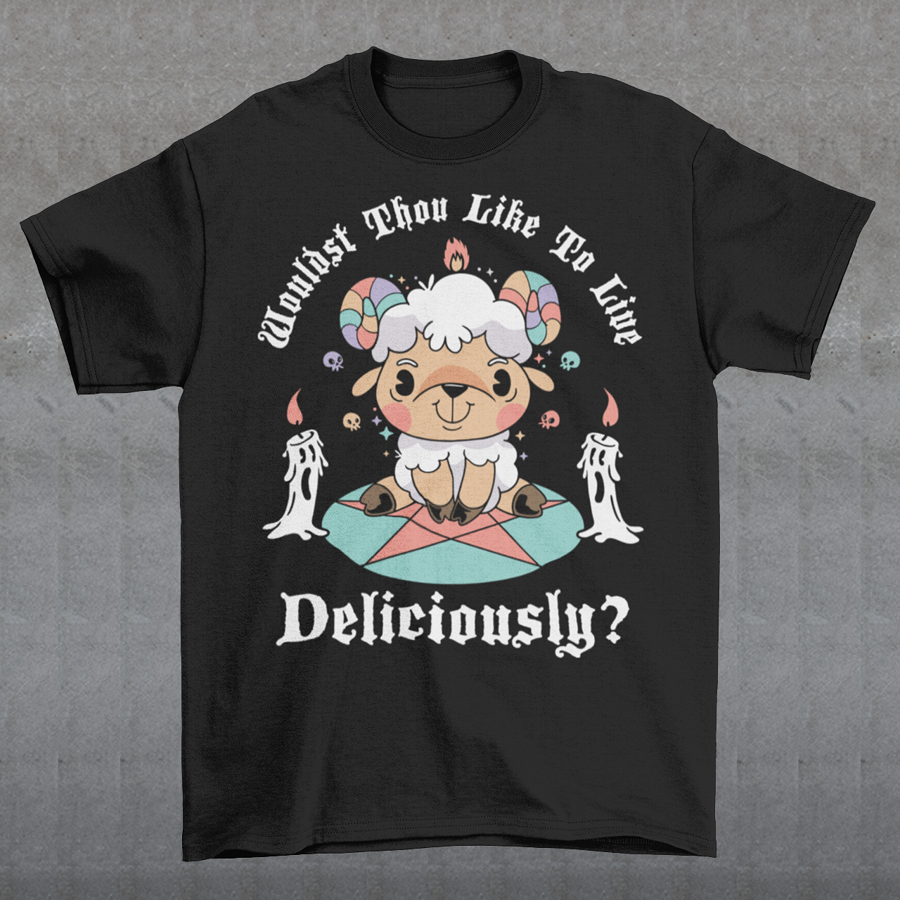Unleash your inner rebel with this striking graphic tee featuring a smug, mystical goat perched atop a pentagram—summoning vibes as bold as your wardrobe. Inspired by folklore and a hint of witchy sarcasm, the chilling phrase "WOULDST THOU LIKE TO LIVE DELICIOUSLY?" is scrawled across the design in eerie, arcane lettering. Perfect for fans of the occult, dark humor, and aesthetic rebellion.