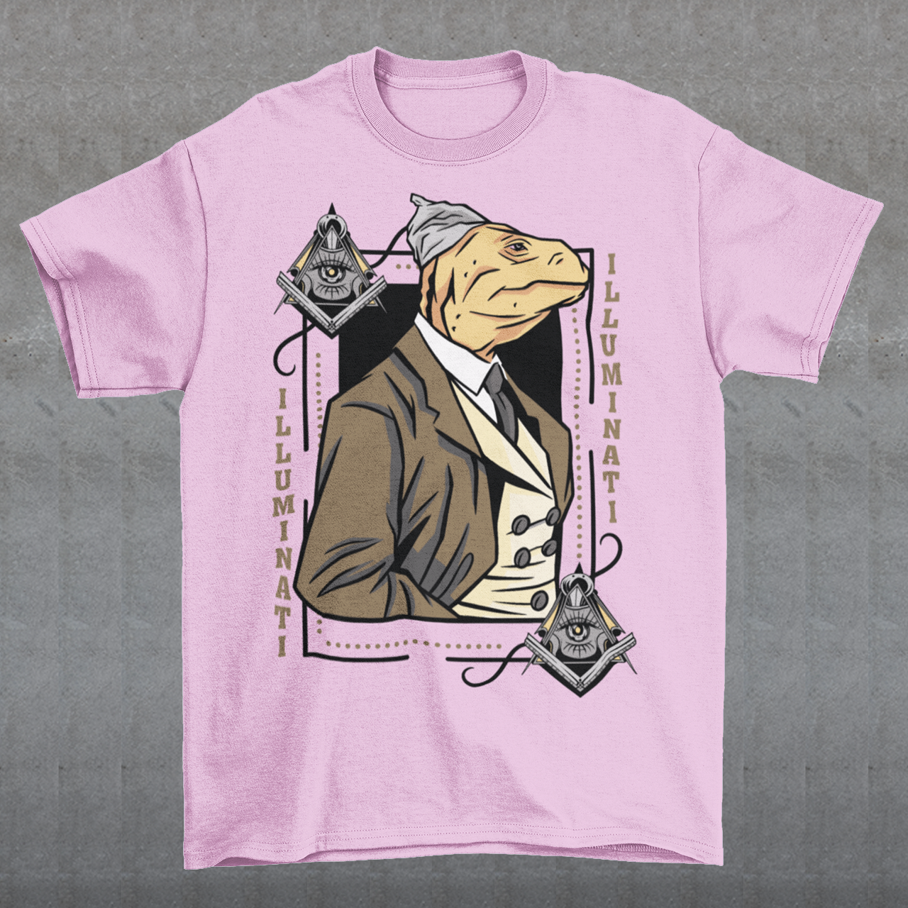 Introducing the enigmatic and captivating "Lizard Illuminati" T-shirt, a bold and eccentric garment that seamlessly blends conspiracy theories with reptilian sophistication. This one-of-a-kind tee is not just a piece of clothing; it's a statement, a conversation starter, and a whimsical nod to the mysteries that lurk in the shadows.