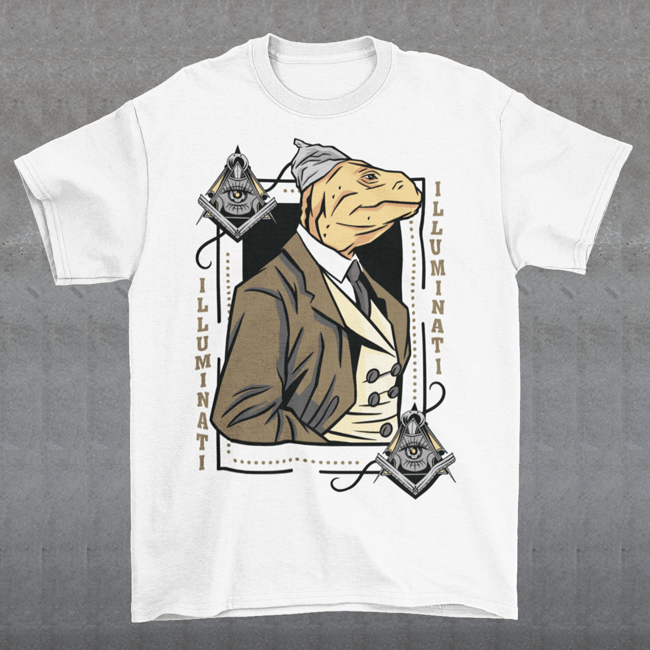 Introducing the enigmatic and captivating "Lizard Illuminati" T-shirt, a bold and eccentric garment that seamlessly blends conspiracy theories with reptilian sophistication. This one-of-a-kind tee is not just a piece of clothing; it's a statement, a conversation starter, and a whimsical nod to the mysteries that lurk in the shadows.