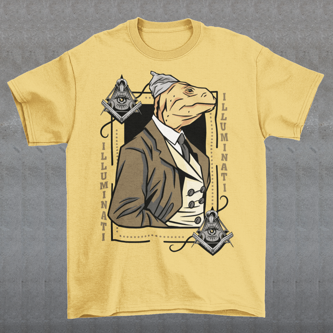 Introducing the enigmatic and captivating "Lizard Illuminati" T-shirt, a bold and eccentric garment that seamlessly blends conspiracy theories with reptilian sophistication. This one-of-a-kind tee is not just a piece of clothing; it's a statement, a conversation starter, and a whimsical nod to the mysteries that lurk in the shadows.