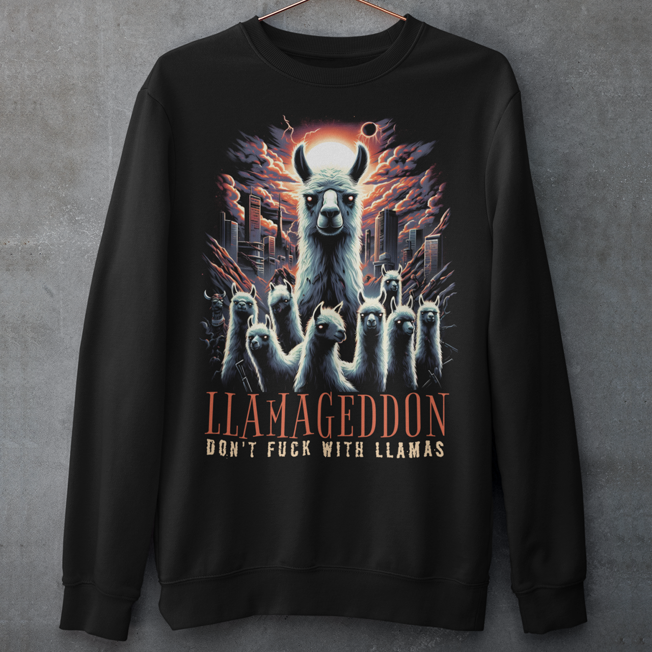 Unleash the apocalypse with our epic "LLAMAGEDDON" Sweatshirt! Featuring a jaw-dropping illustration of llamas in the midst of Armageddon, this sweatshirt is perfect for those who love a blend of humor and chaos. The design showcases a herd of fierce llamas charging through a post-apocalyptic landscape, complete with fiery skies, crumbling buildings, and a sense of impending doom. Below this striking scene, the bold text "LLAMAGEDDON" adds the perfect touch of irony and fun.