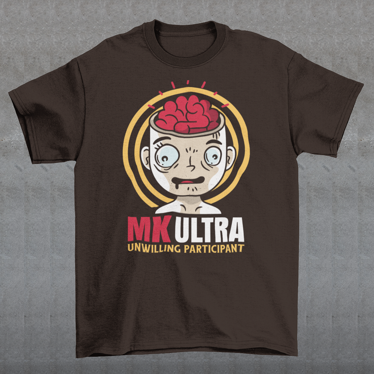 Unveil the enigmatic with our 'MK ULTRA UNWILLING PARTICIPANT' t-shirt! This design boldly features an intriguing graphic of a person with a visible brain, symbolizing the unseen complexities within. Beneath this thought-provoking image lies the impactful message, 'MK ULTRA UNWILLING PARTICIPANT,' a reminder of historical complexities and the exploration of human consciousness.