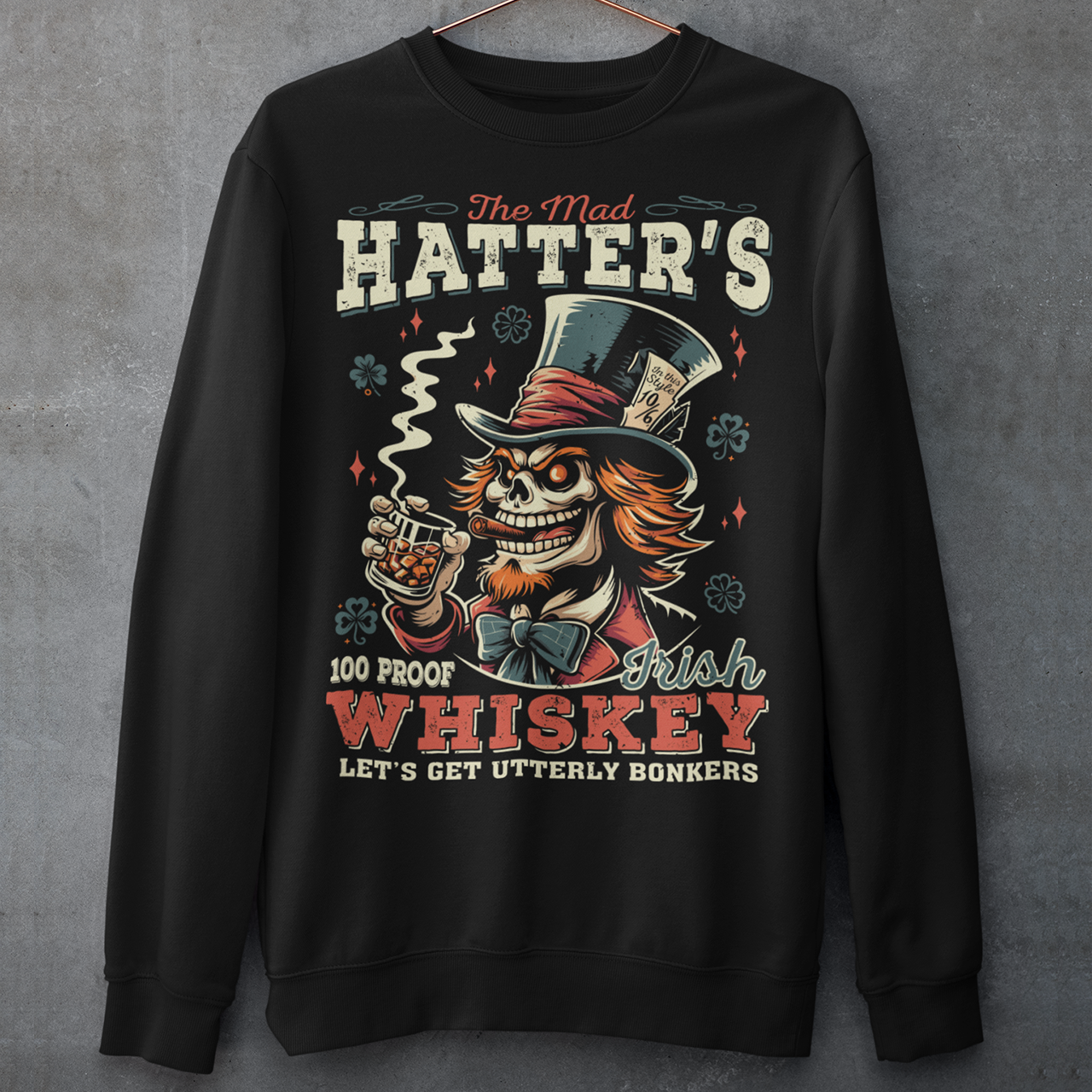 Get ready to add a touch of whimsical madness to your wardrobe with "The Mad Hatter Irish Whiskey" sweatshirt! Inspired by the iconic character from Lewis Carroll's "Alice's Adventures in Wonderland," this shirt features a vibrant illustration of the Mad Hatter, complete with his signature top hat and mischievous grin. With intricate detailing and vivid colors, it captures the essence of Wonderland's eccentric tea party host. Emblazoned across the design is text "THE MAD HATTER IRISH WHISKEY,"