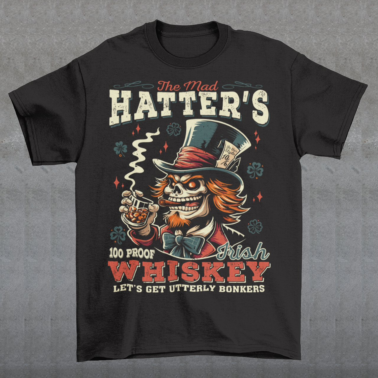Get ready to add a touch of whimsical madness to your wardrobe with "The Mad Hatter Irish Whiskey" t-shirt! Inspired by the iconic character from Lewis Carroll's "Alice's Adventures in Wonderland," this shirt features a vibrant illustration of the Mad Hatter, complete with his signature top hat and mischievous grin. With intricate detailing and vivid colors, it captures the essence of Wonderland's eccentric tea party host.